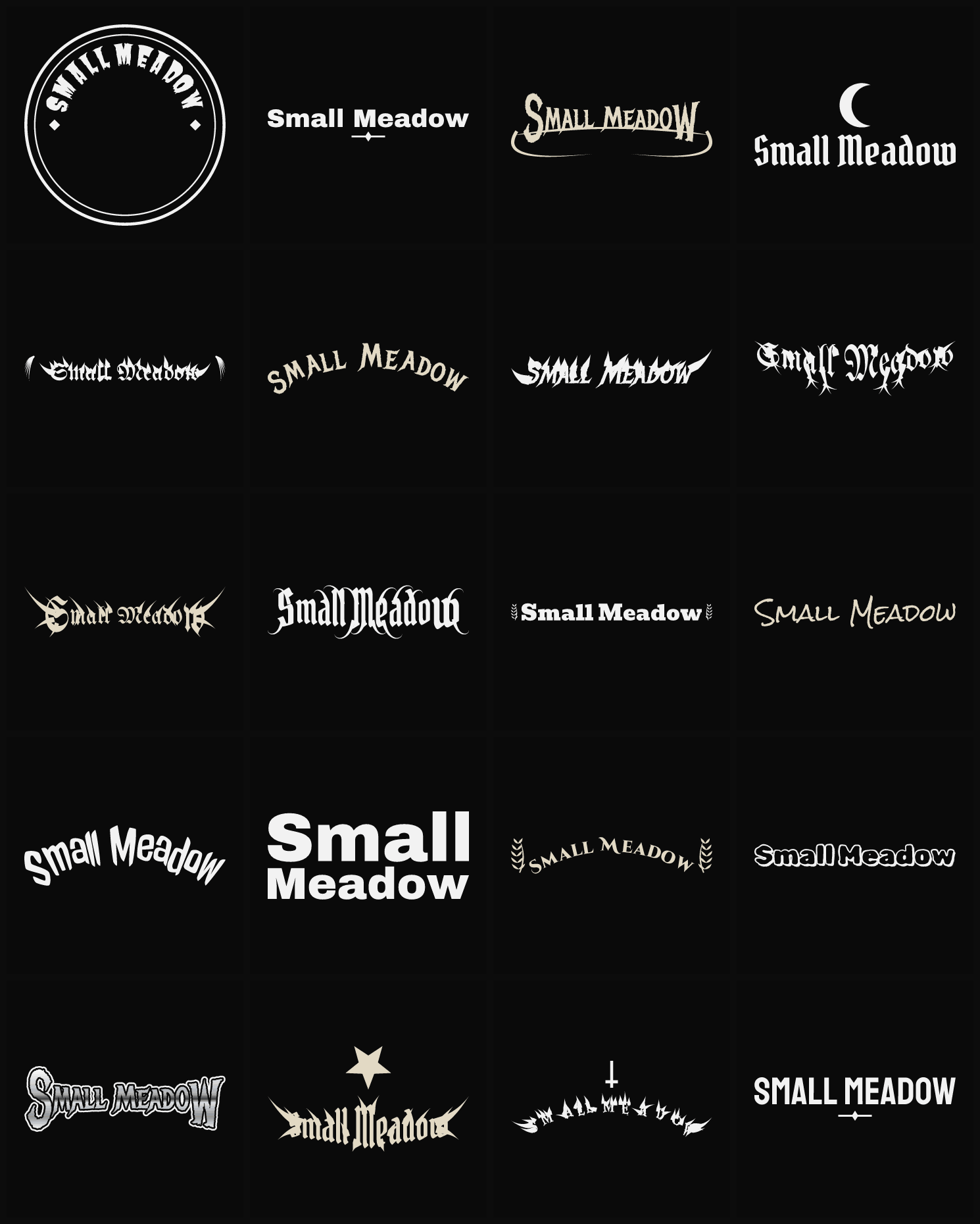 Twenty Small Meadow band logo ideas — different faces, treatments and spike settings