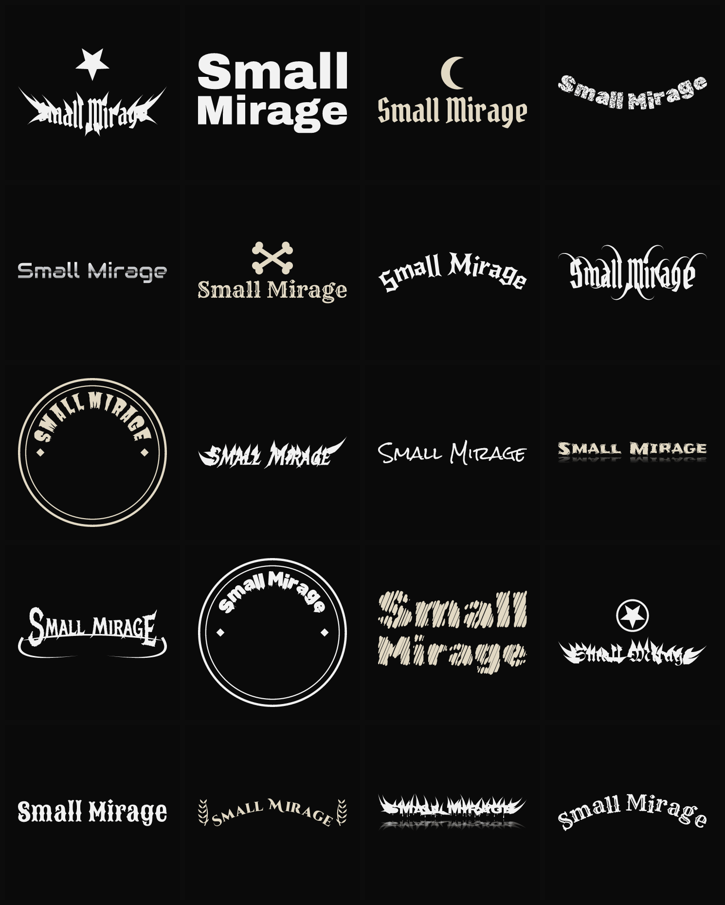 Twenty Small Mirage band logo ideas — different faces, treatments and spike settings