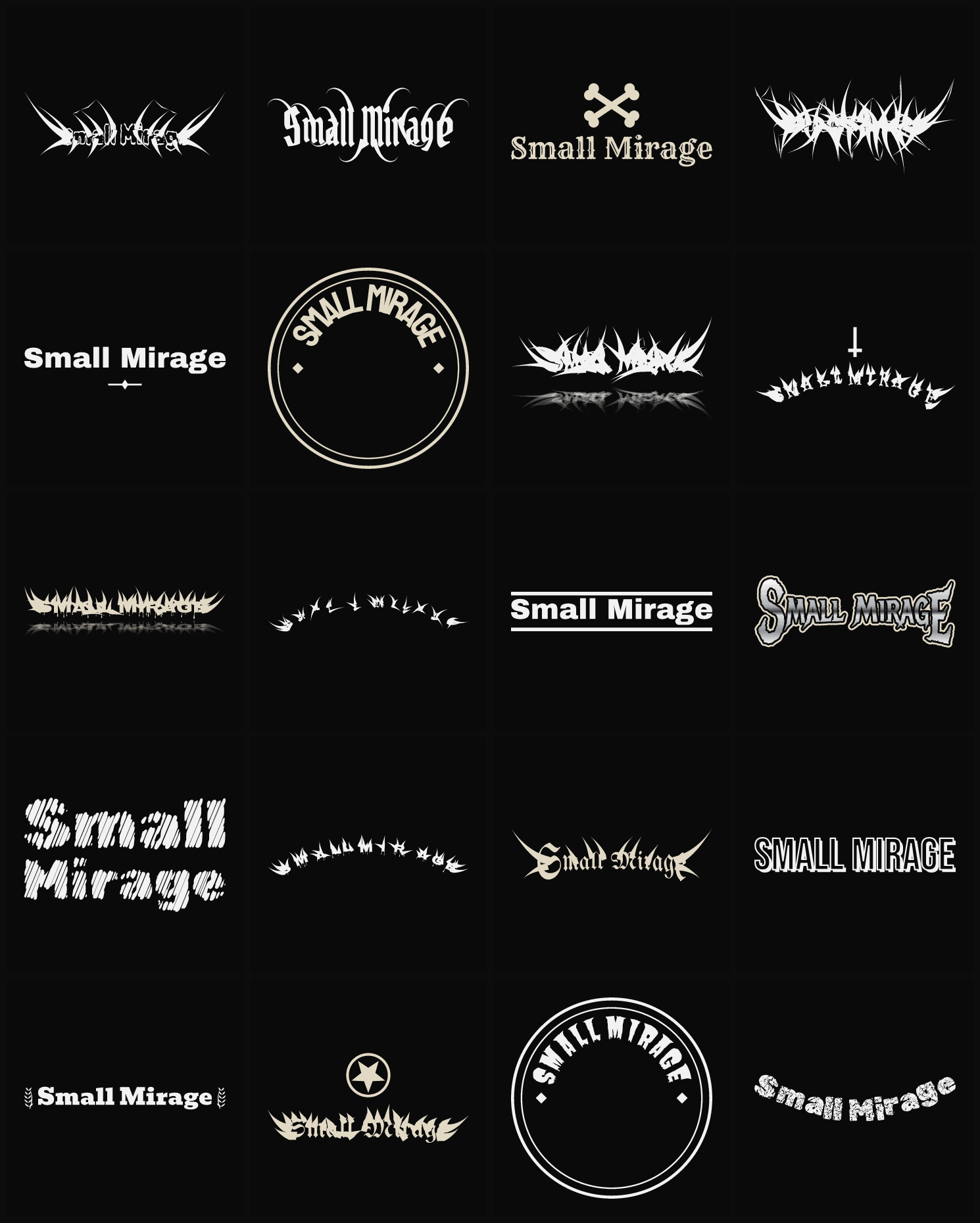 Twenty Small Mirage band logo ideas — different faces, treatments and spike settings