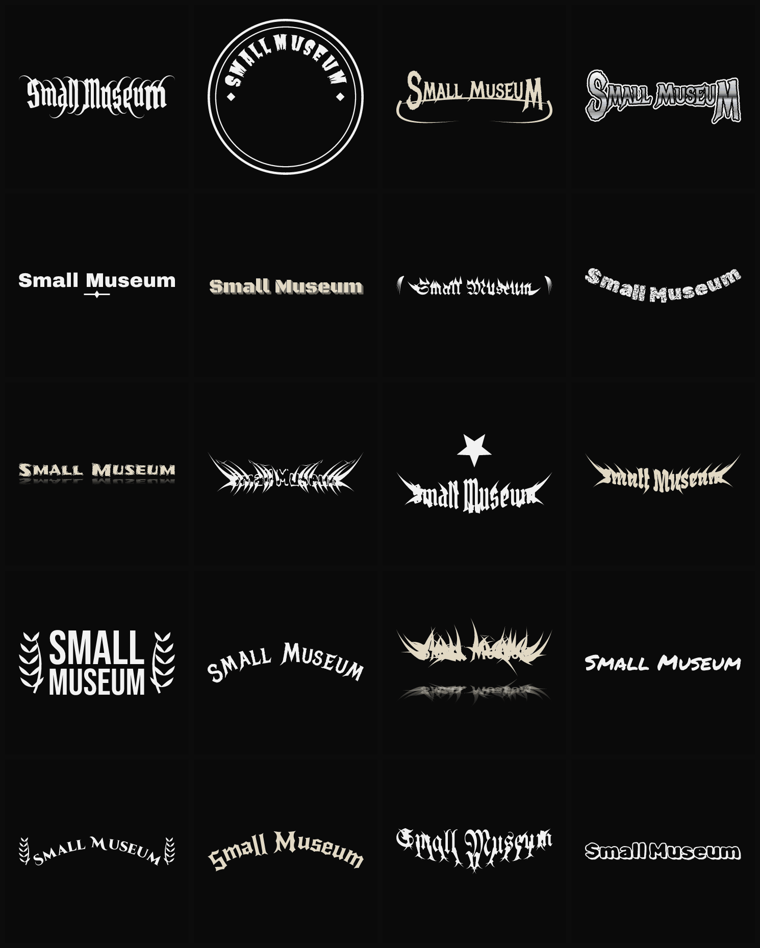 Twenty Small Museum band logo ideas — different faces, treatments and spike settings