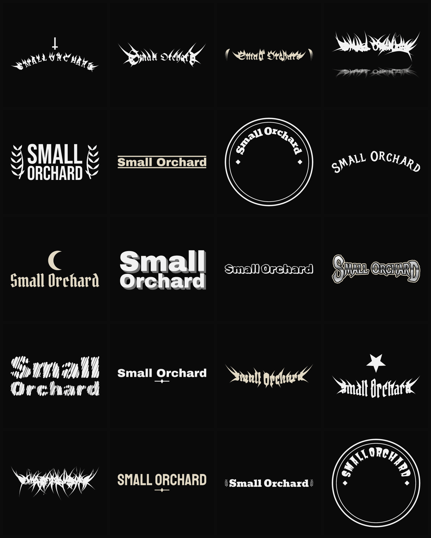 Twenty Small Orchard band logo ideas — different faces, treatments and spike settings