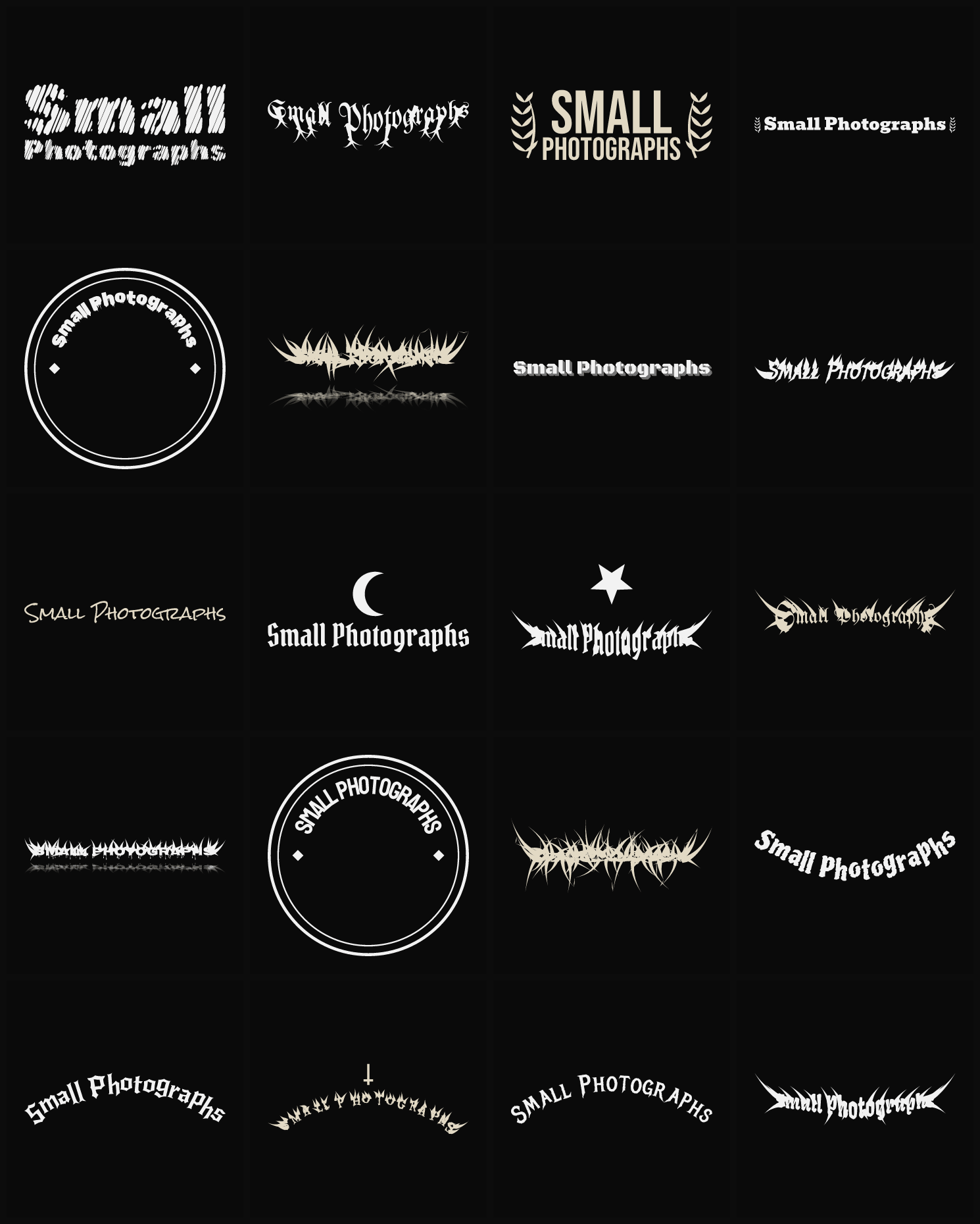 Twenty Small Photographs band logo ideas — different faces, treatments and spike settings