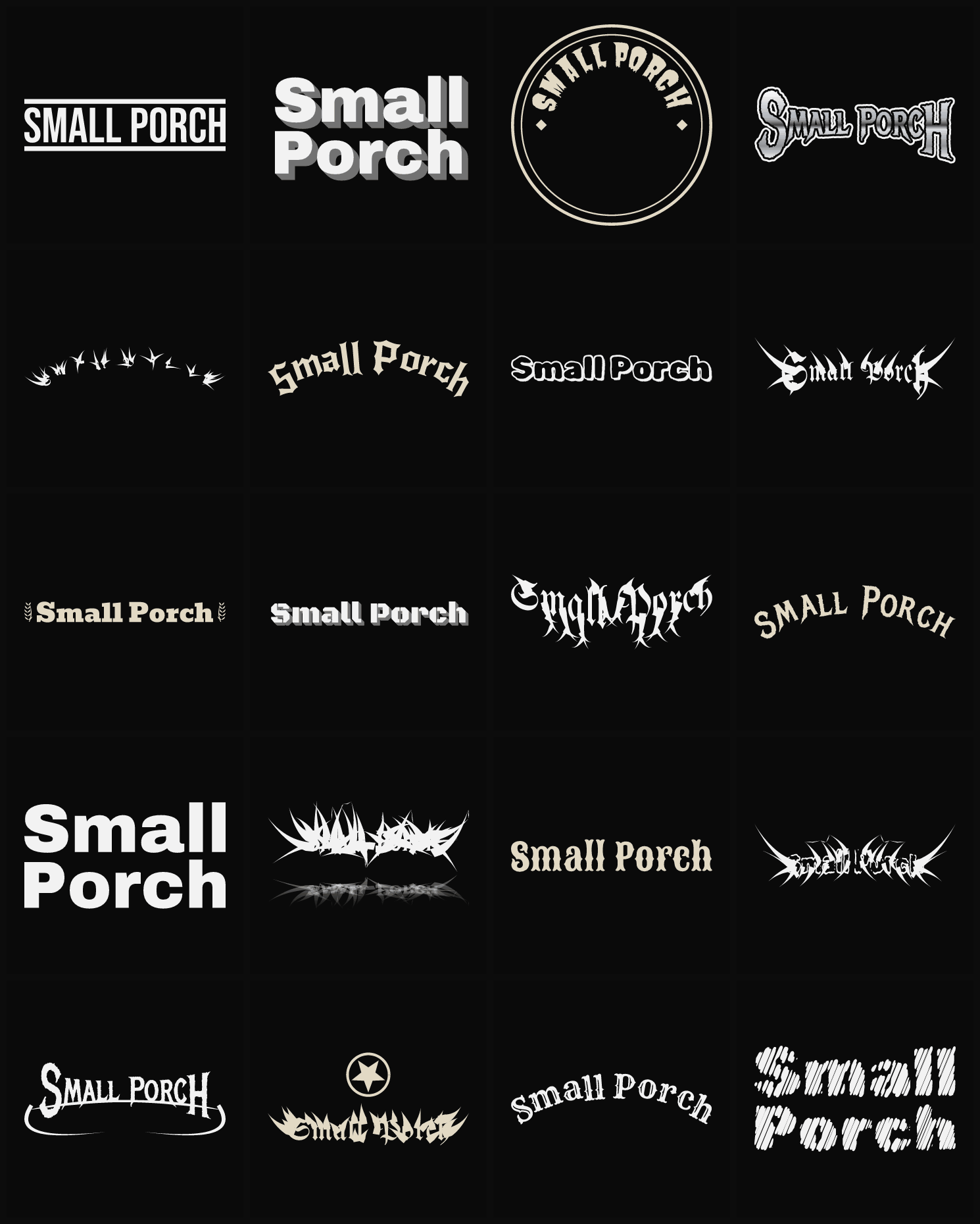 Twenty Small Porch band logo ideas — different faces, treatments and spike settings