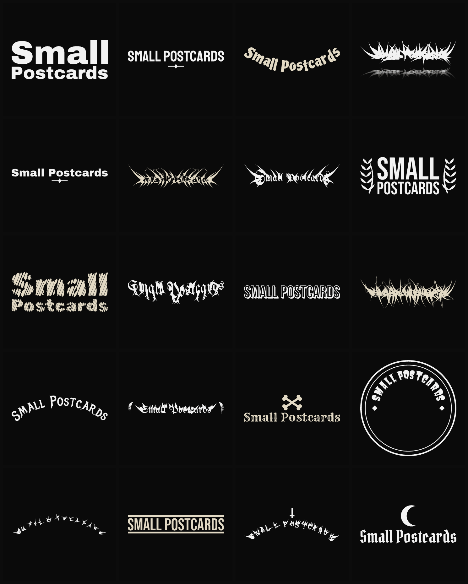Twenty Small Postcards band logo ideas — different faces, treatments and spike settings