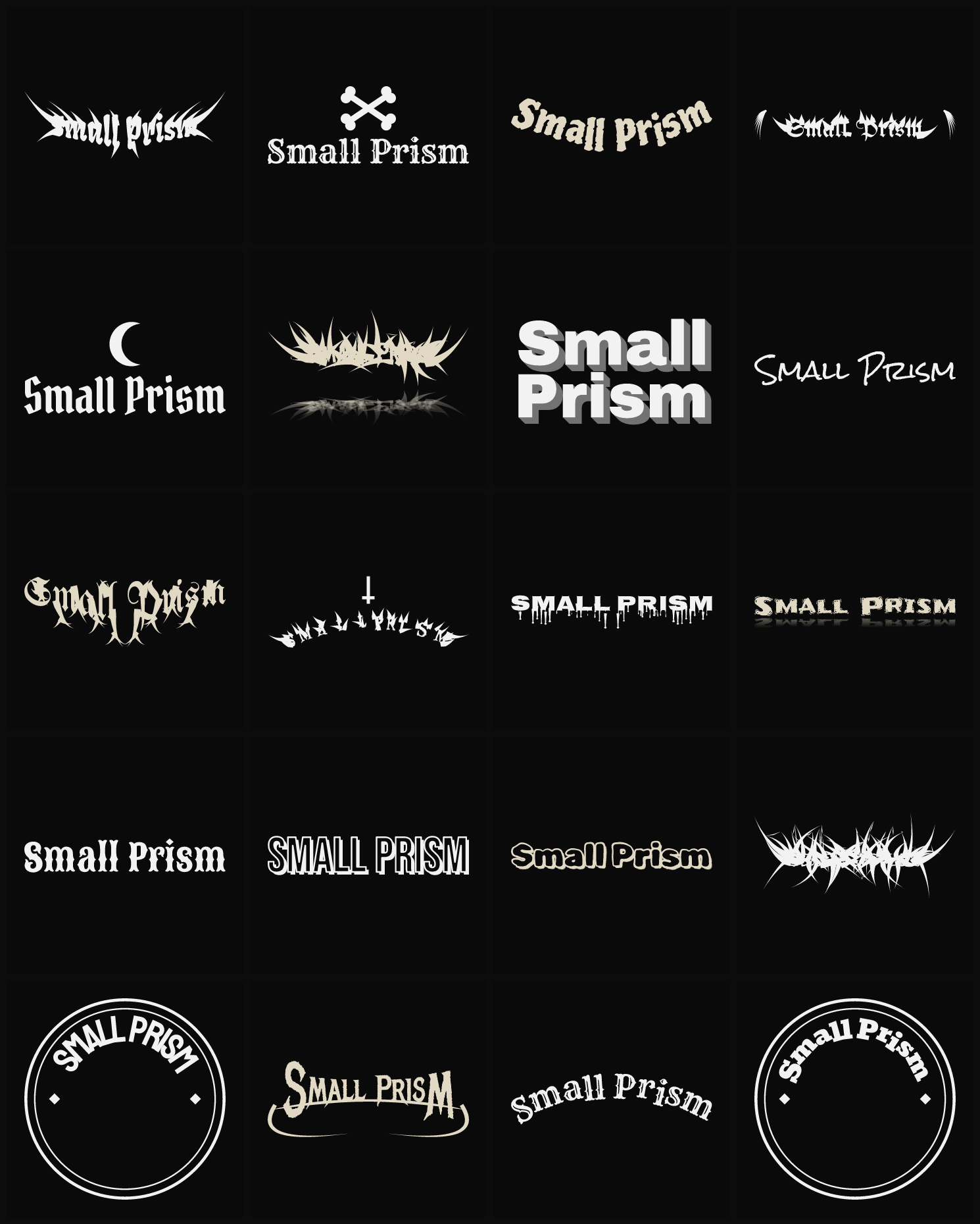 Twenty Small Prism band logo ideas — different faces, treatments and spike settings