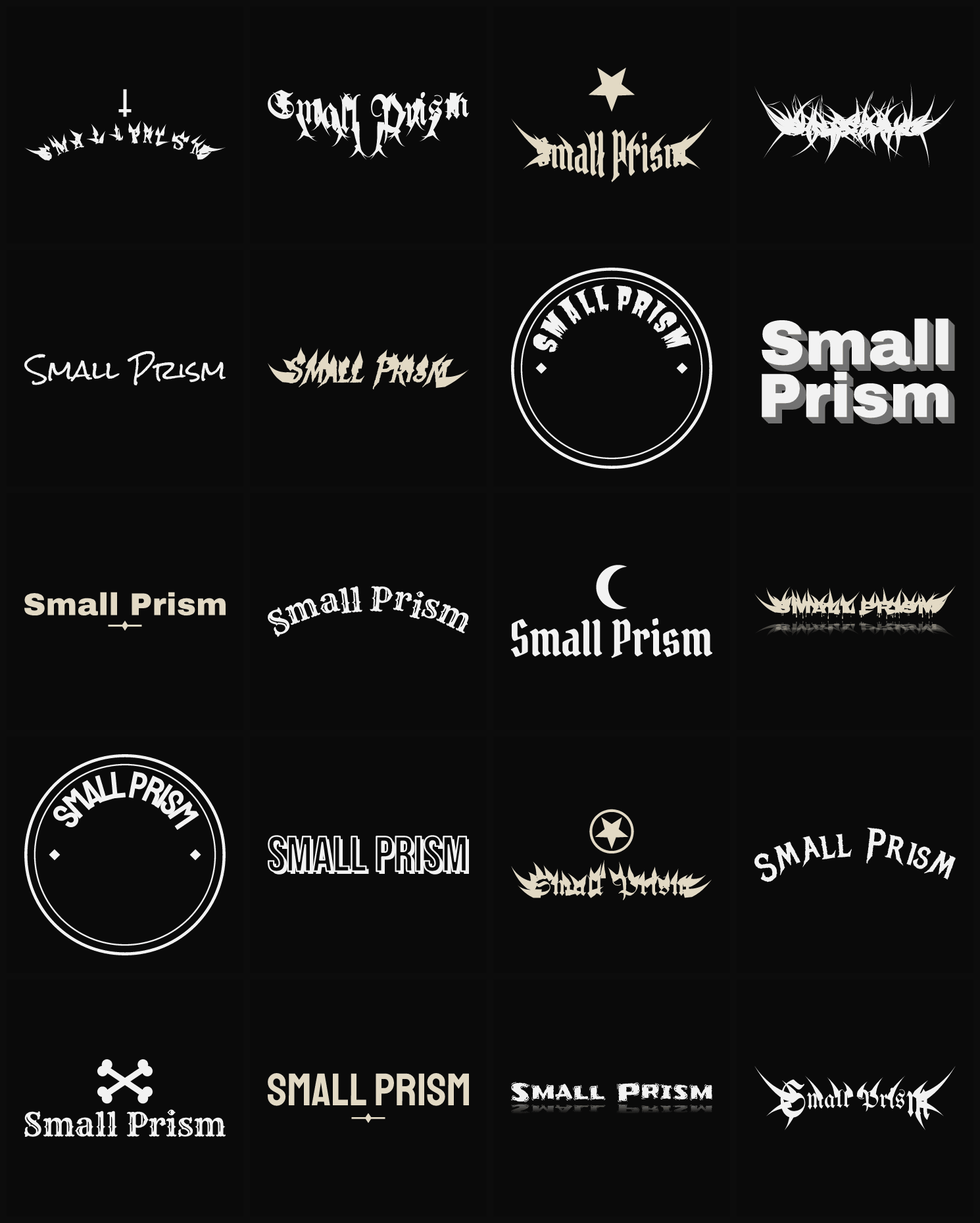 Twenty Small Prism band logo ideas — different faces, treatments and spike settings
