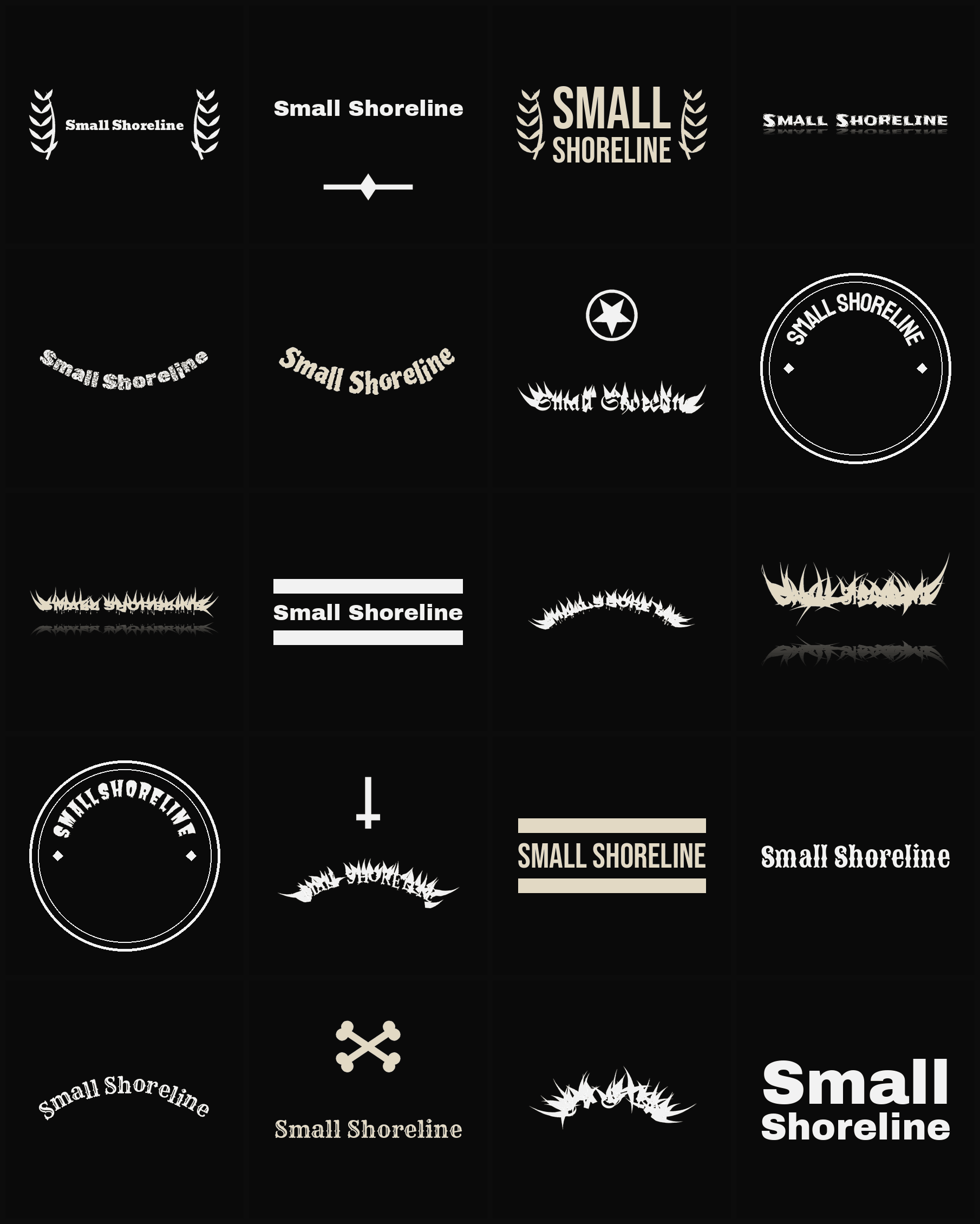 Twenty Small Shoreline band logo ideas — different faces, treatments and spike settings