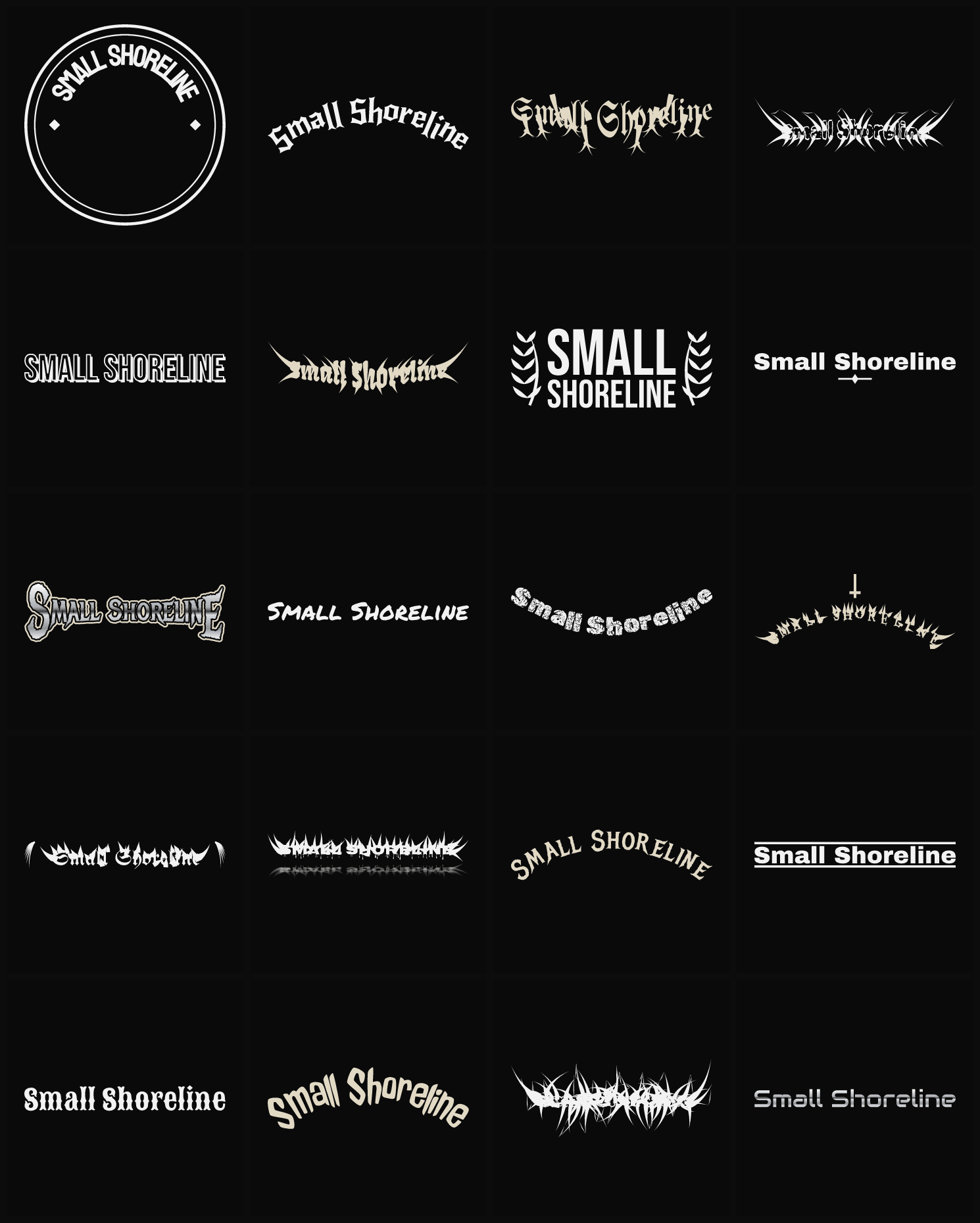 Twenty Small Shoreline band logo ideas — different faces, treatments and spike settings