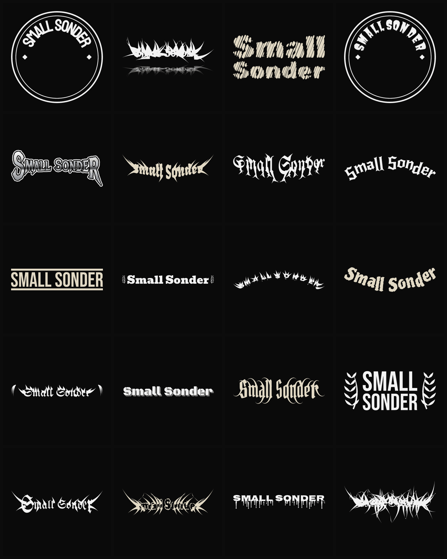 Twenty Small Sonder band logo ideas — different faces, treatments and spike settings