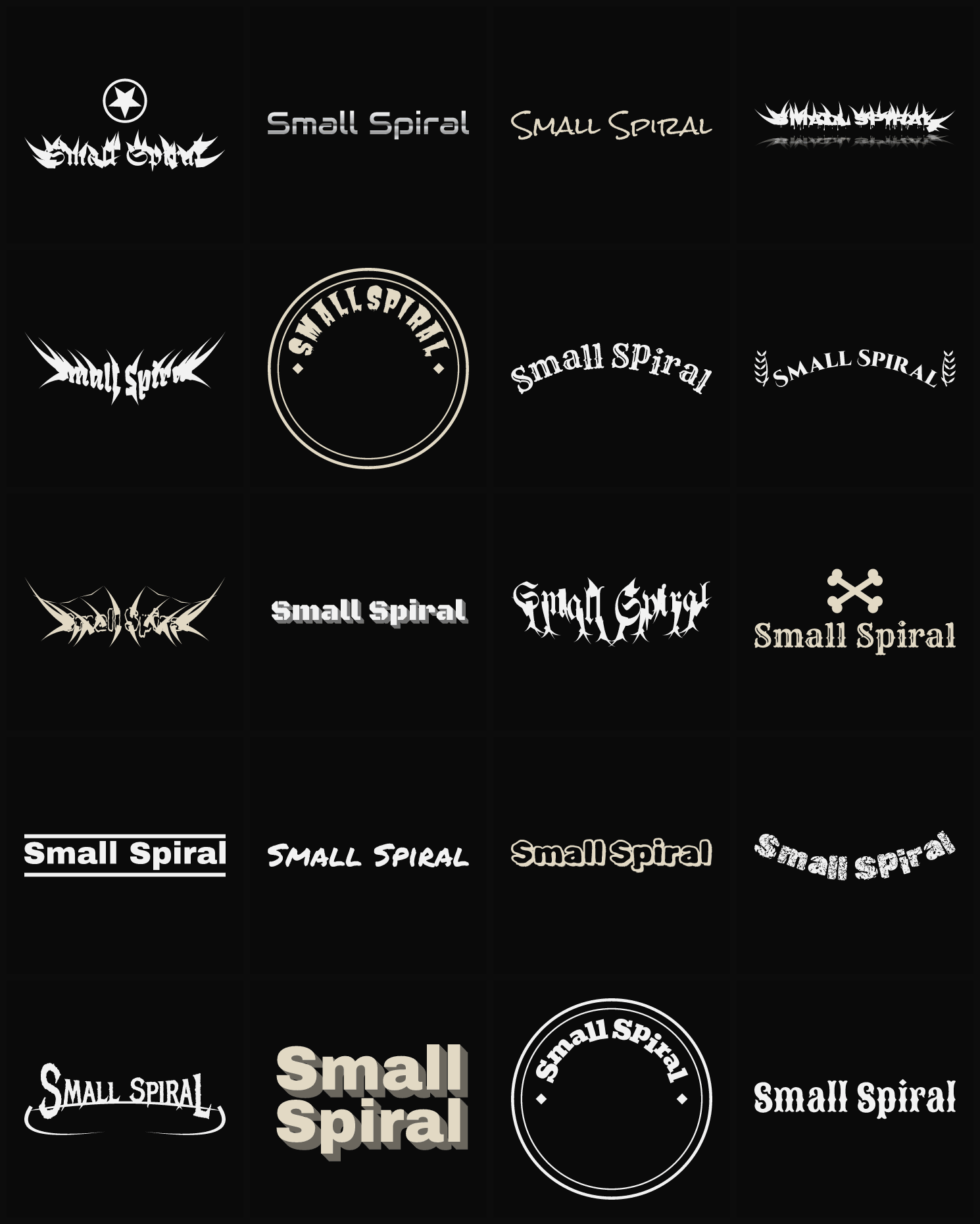 Twenty Small Spiral band logo ideas — different faces, treatments and spike settings