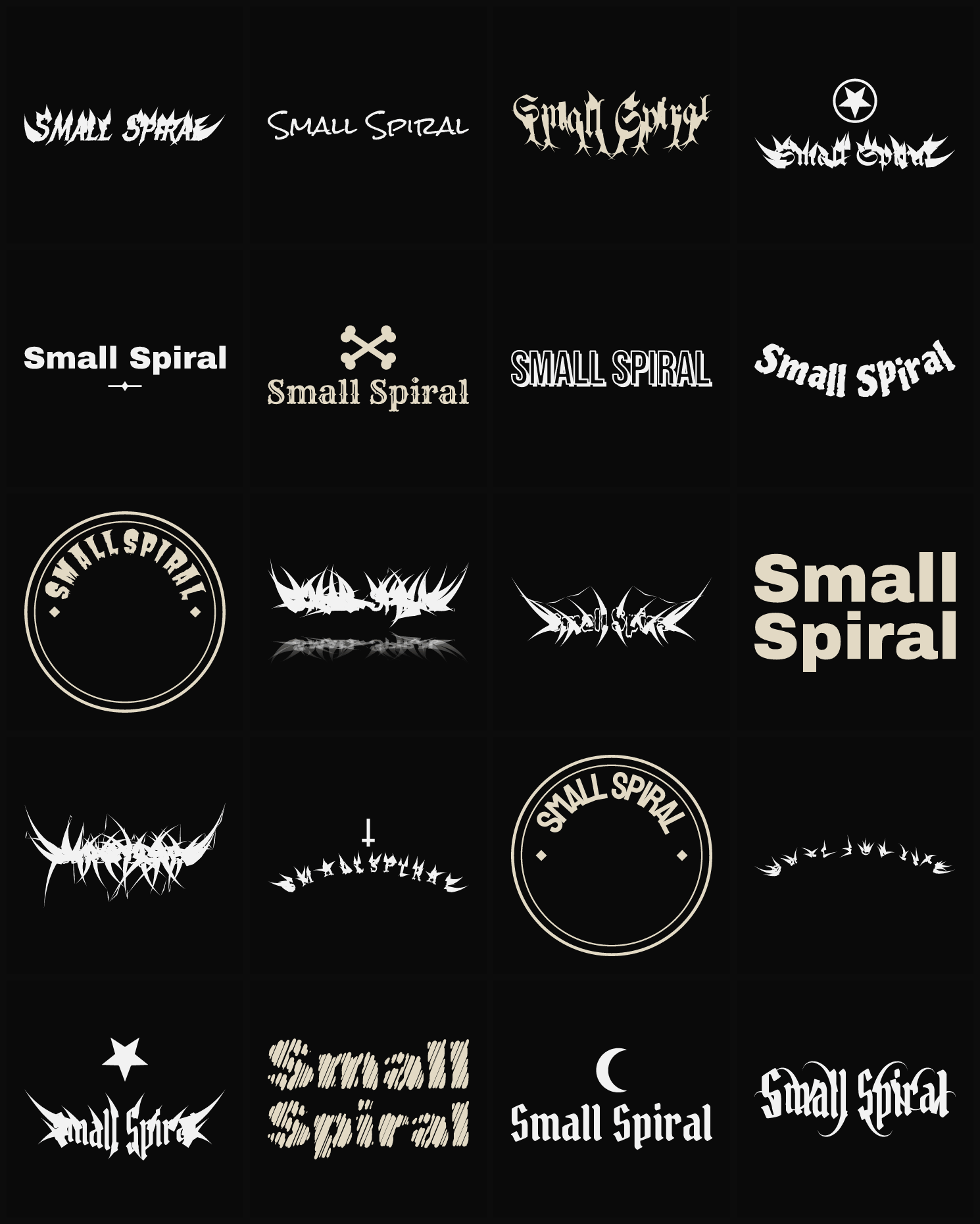 Twenty Small Spiral band logo ideas — different faces, treatments and spike settings