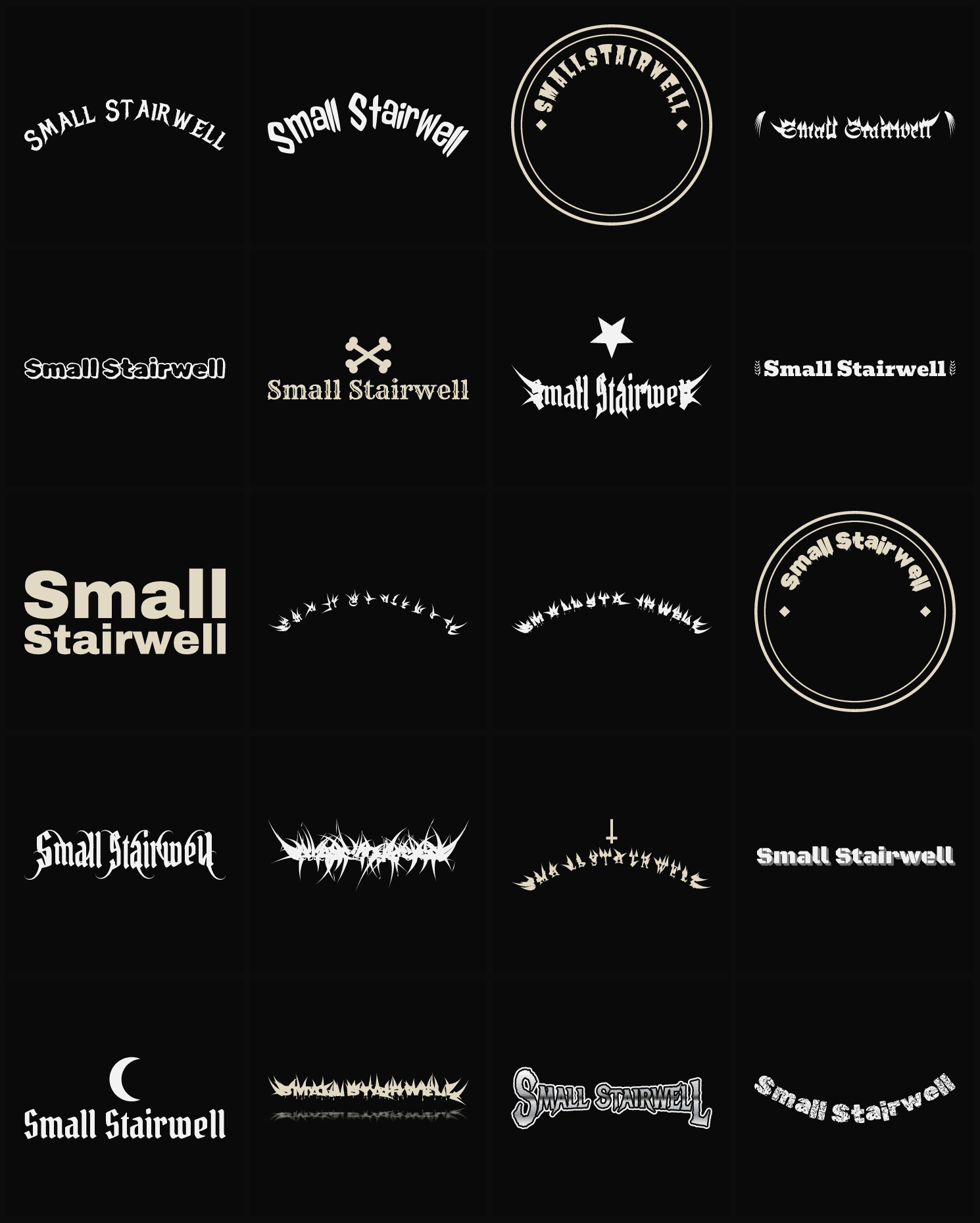 Twenty Small Stairwell band logo ideas — different faces, treatments and spike settings
