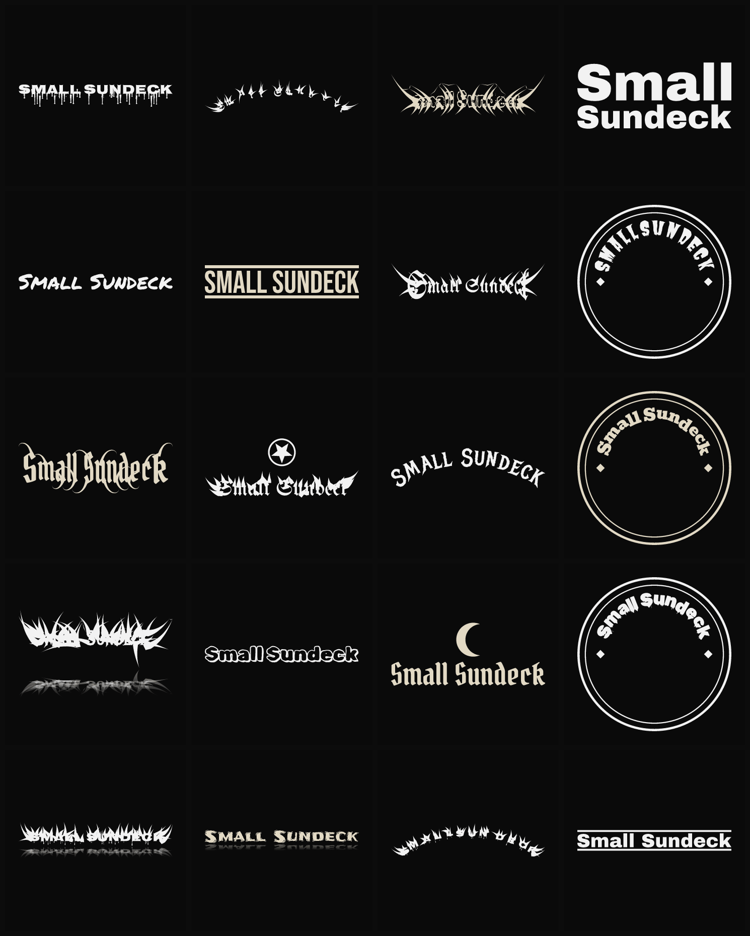 Twenty Small Sundeck band logo ideas — different faces, treatments and spike settings