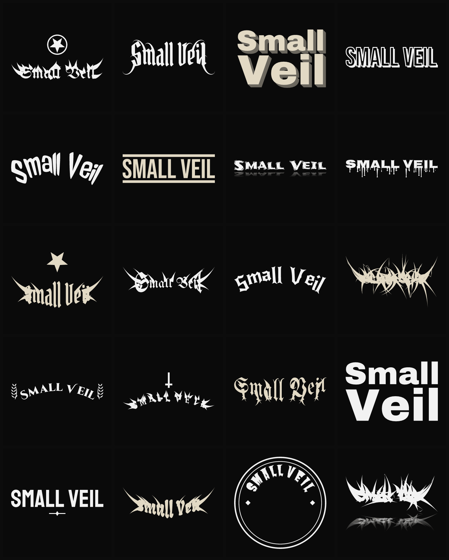 Twenty Small Veil band logo ideas — different faces, treatments and spike settings
