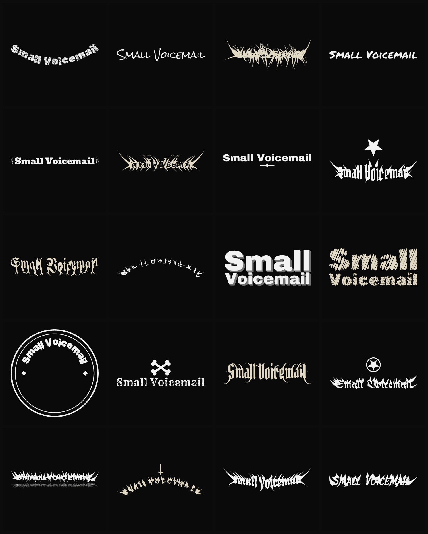 Twenty Small Voicemail band logo ideas — different faces, treatments and spike settings