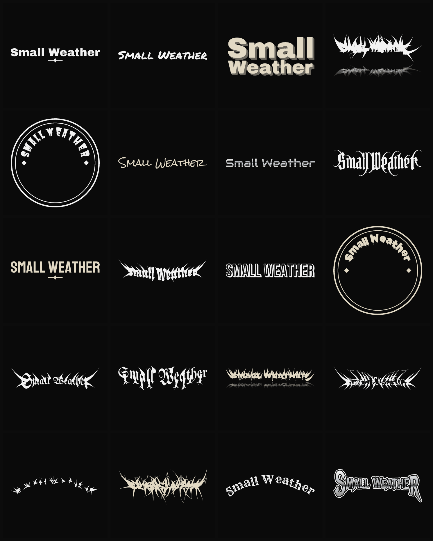 Twenty Small Weather band logo ideas — different faces, treatments and spike settings