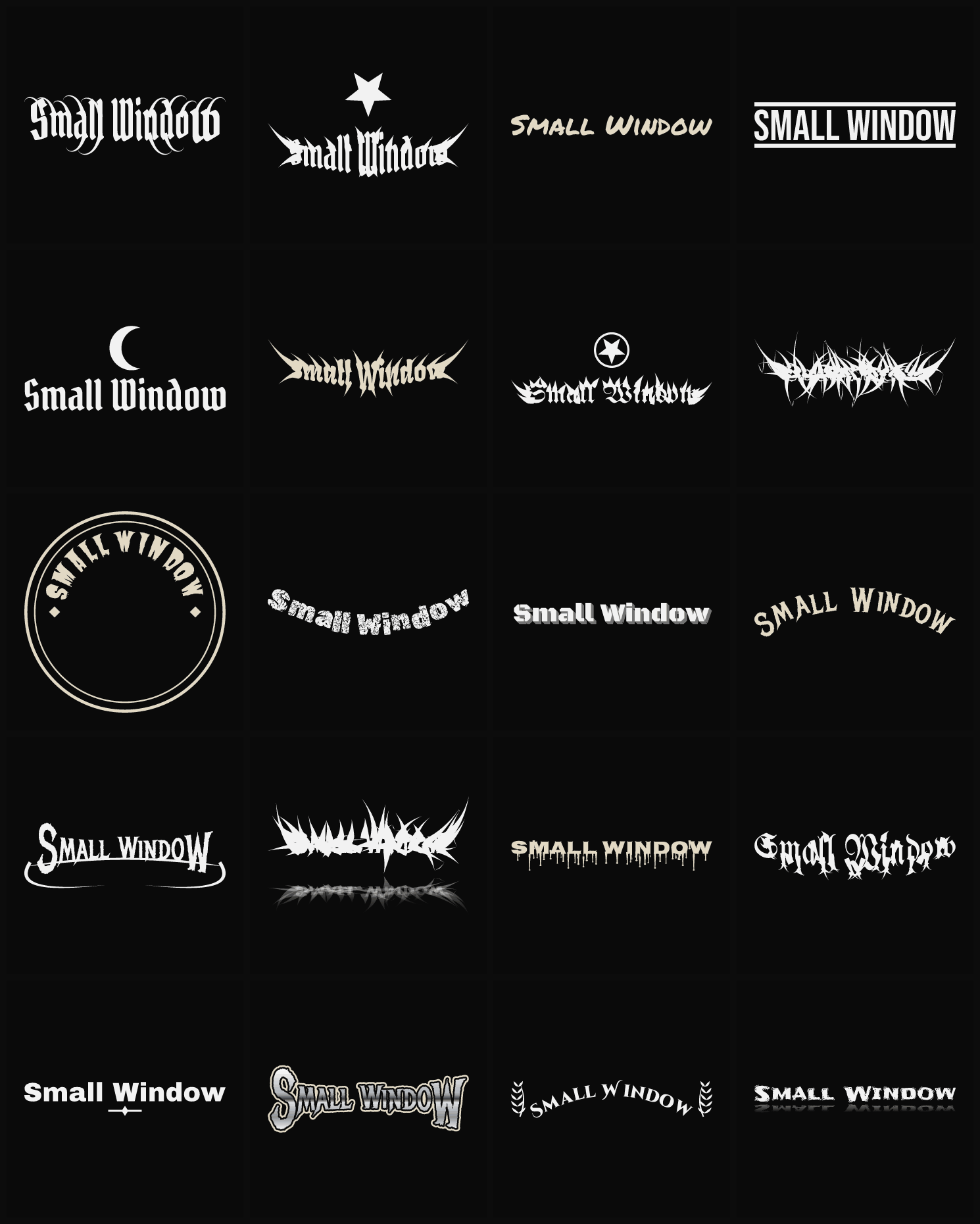 Twenty Small Window band logo ideas — different faces, treatments and spike settings