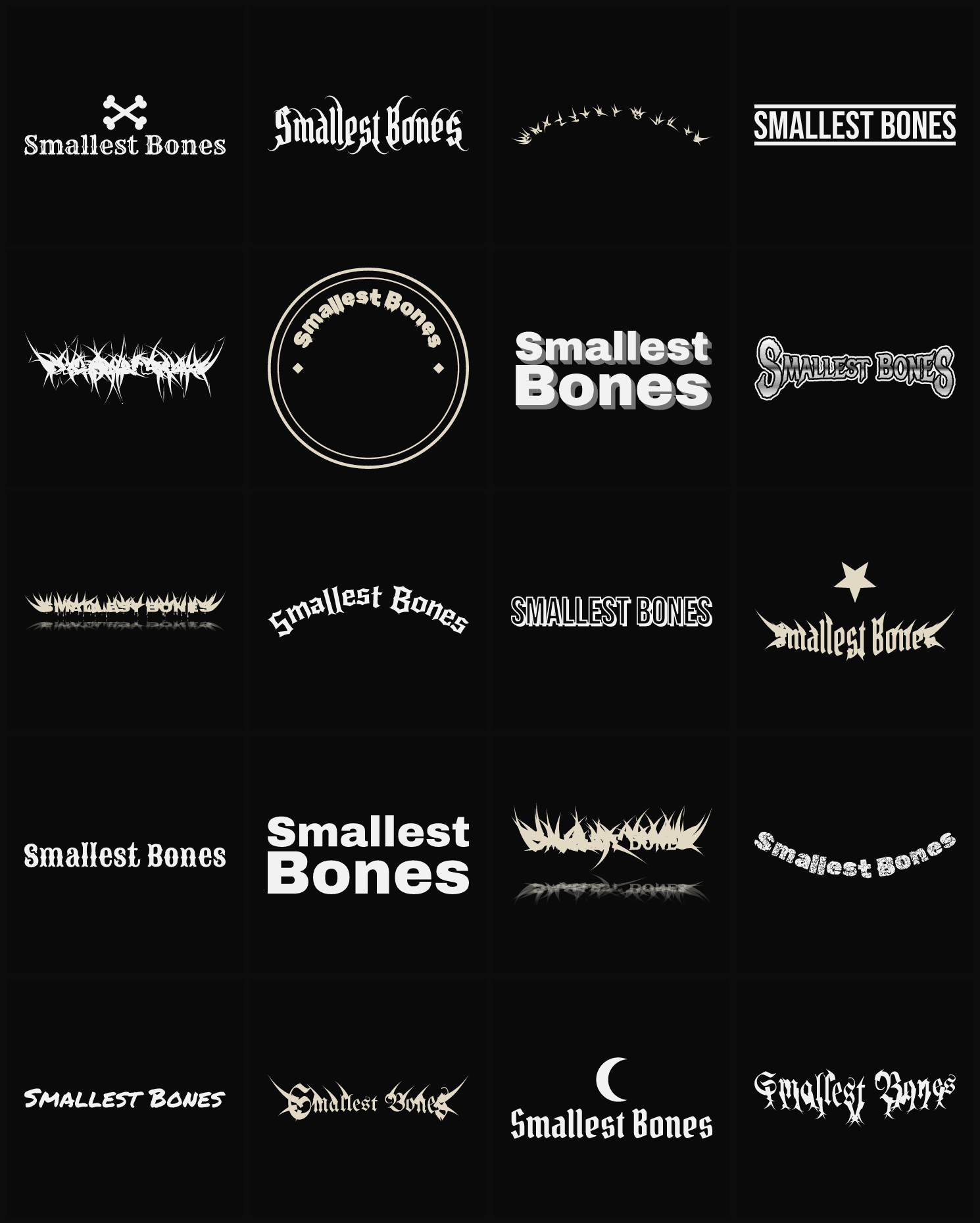 Twenty Smallest Bones band logo ideas — different faces, treatments and spike settings