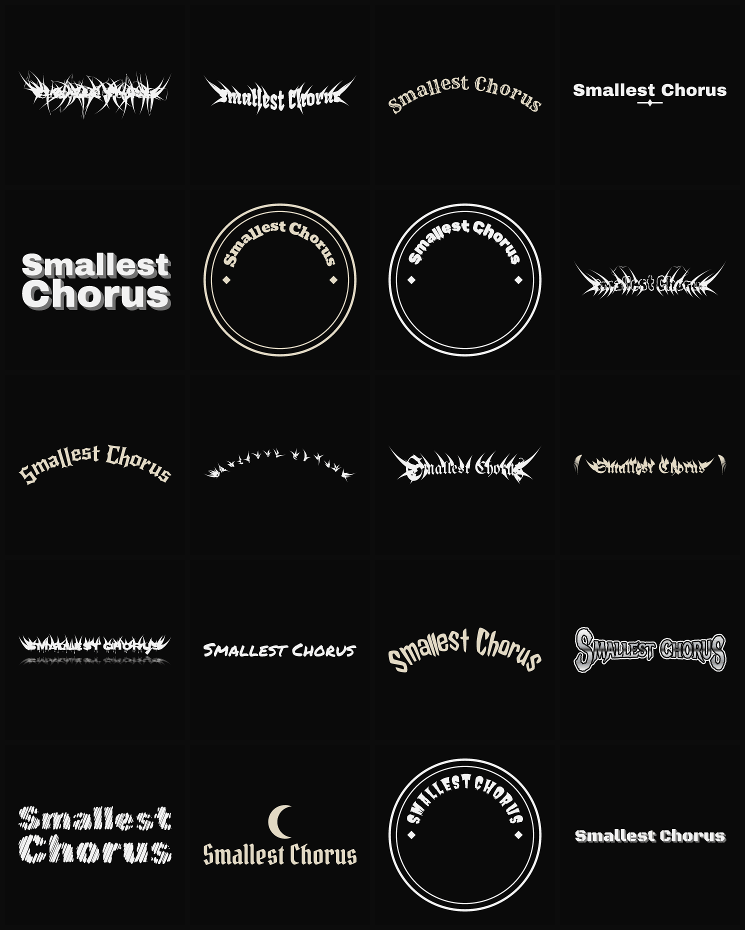 Twenty Smallest Chorus band logo ideas — different faces, treatments and spike settings