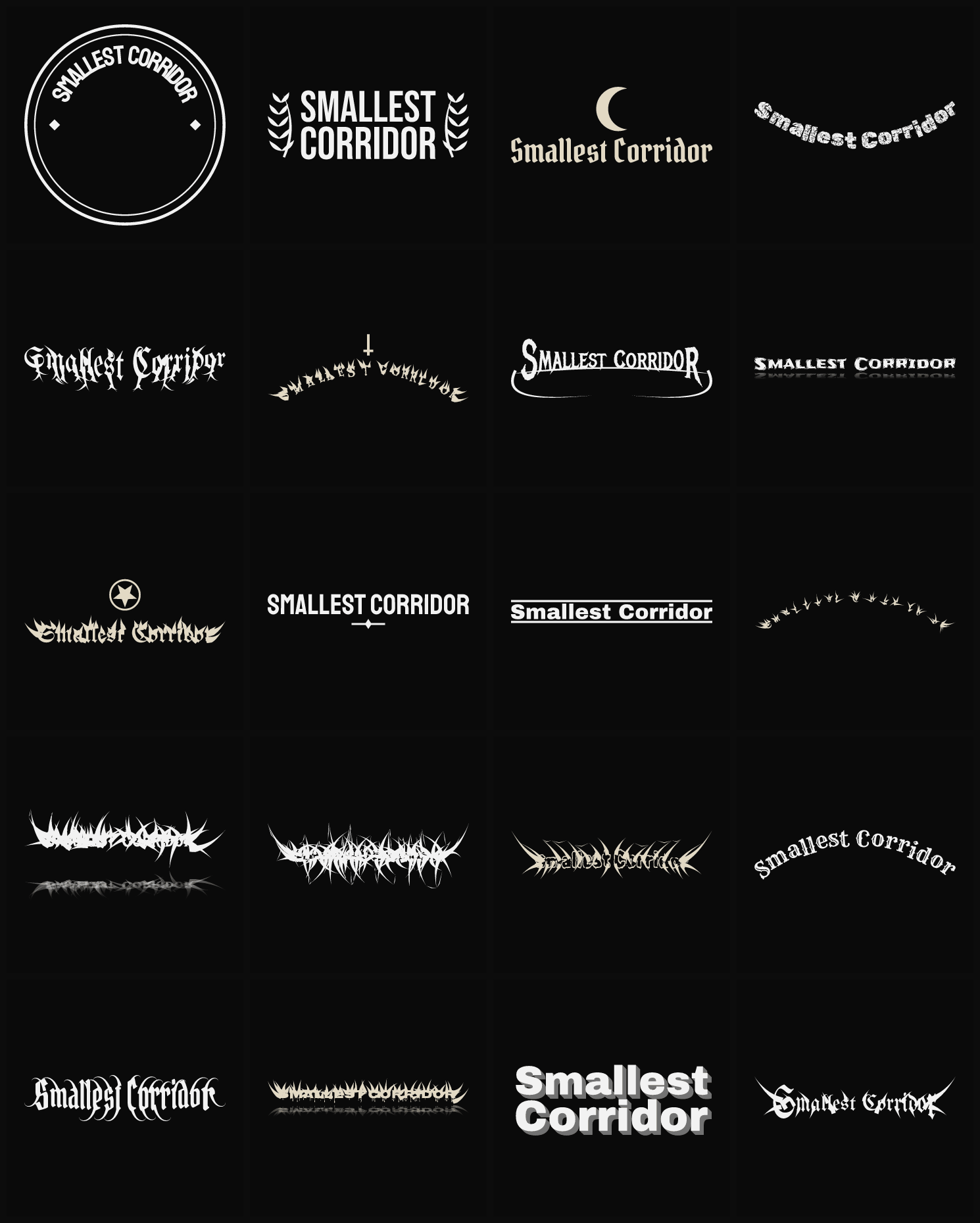 Twenty Smallest Corridor band logo ideas — different faces, treatments and spike settings