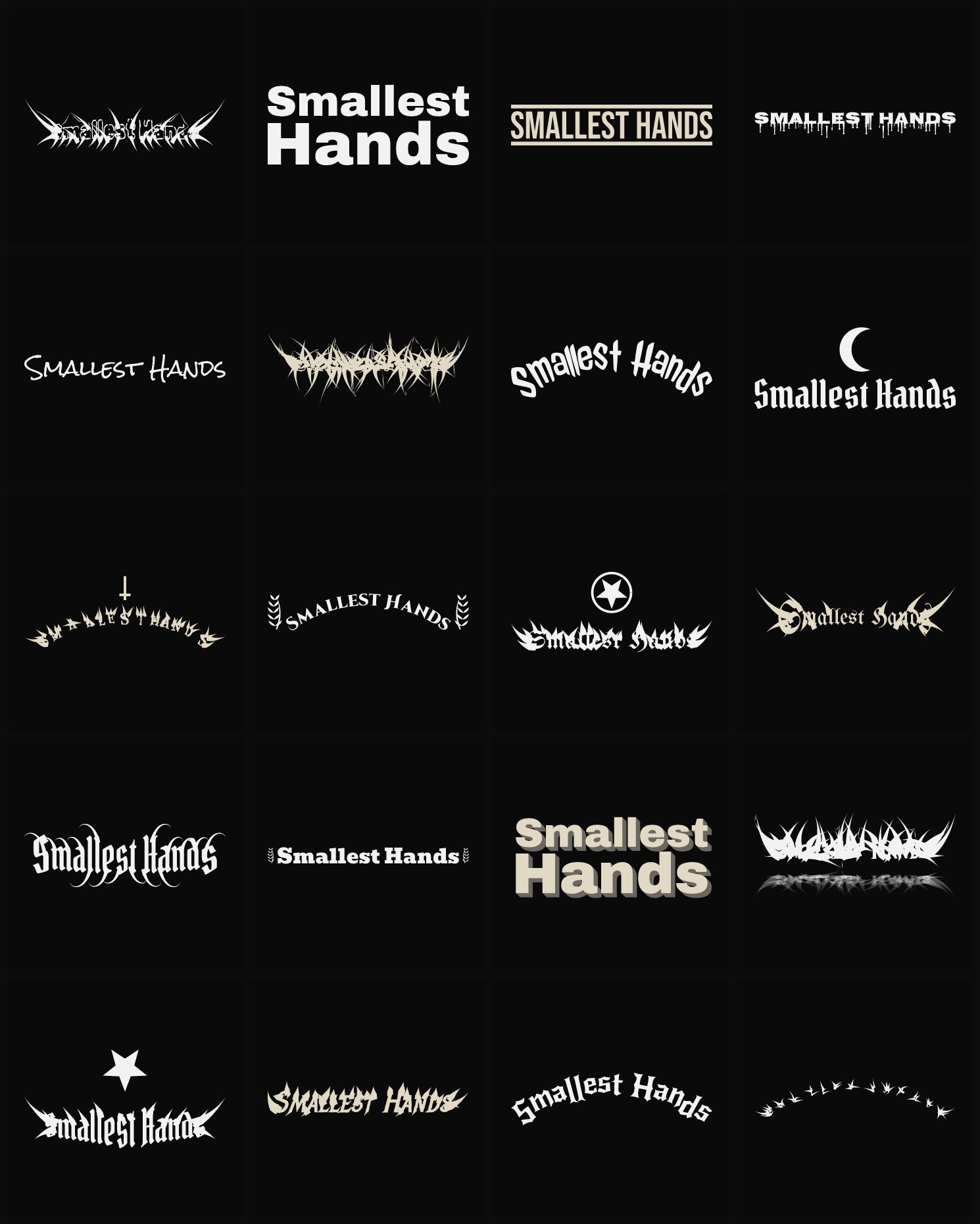 Twenty Smallest Hands band logo ideas — different faces, treatments and spike settings