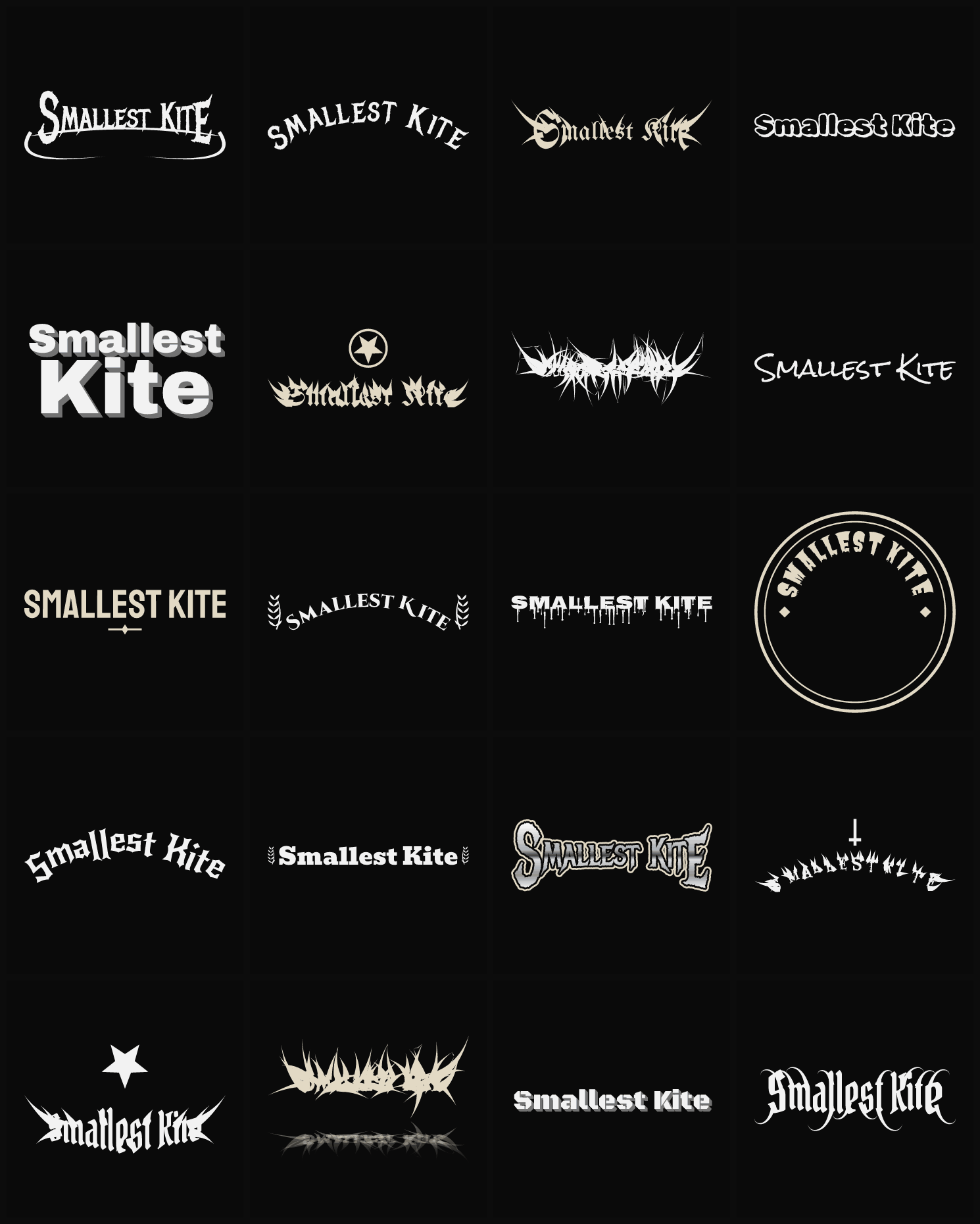 Twenty Smallest Kite band logo ideas — different faces, treatments and spike settings