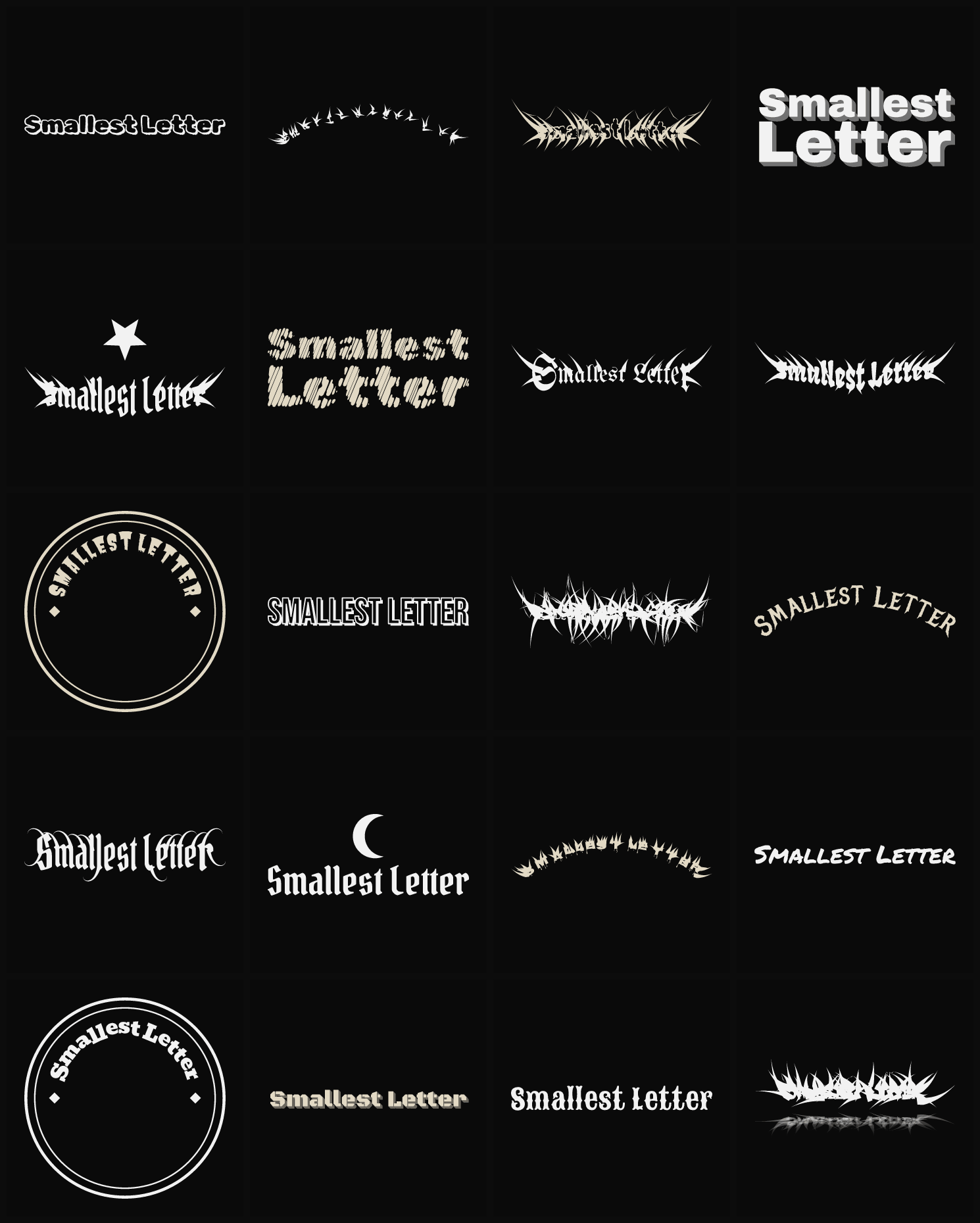 Twenty Smallest Letter band logo ideas — different faces, treatments and spike settings