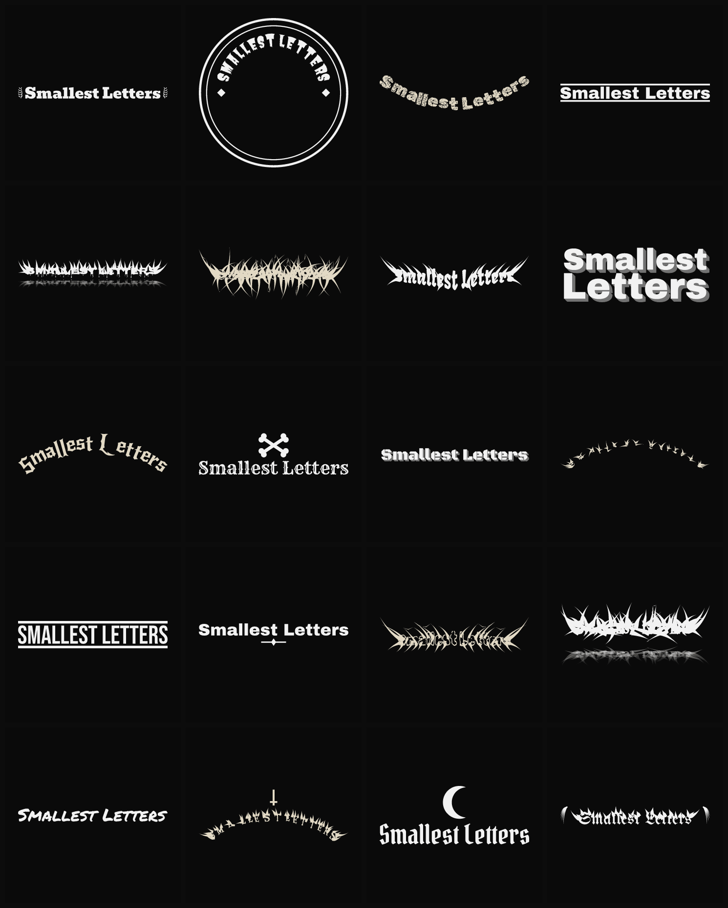 Twenty Smallest Letters band logo ideas — different faces, treatments and spike settings
