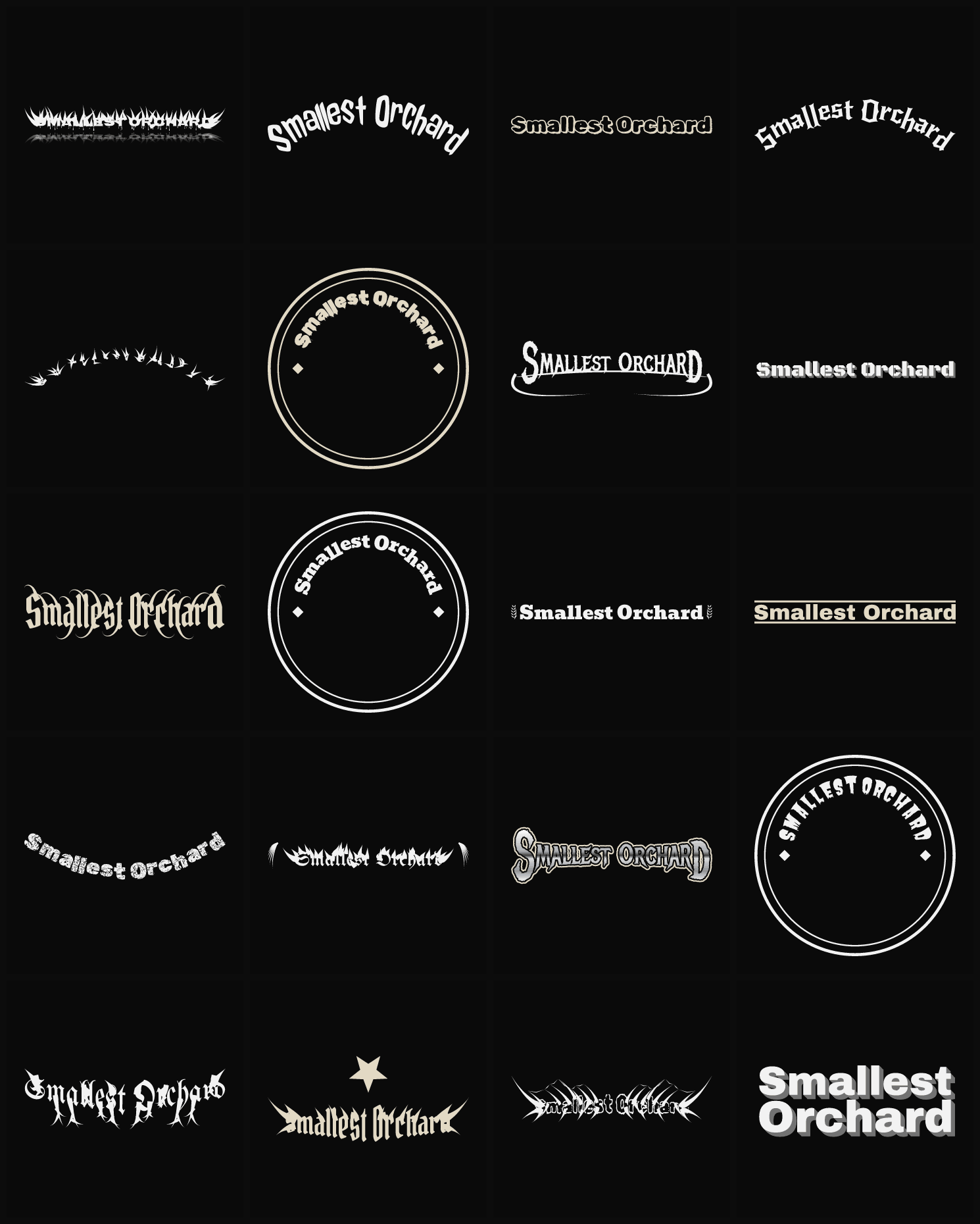 Twenty Smallest Orchard band logo ideas — different faces, treatments and spike settings