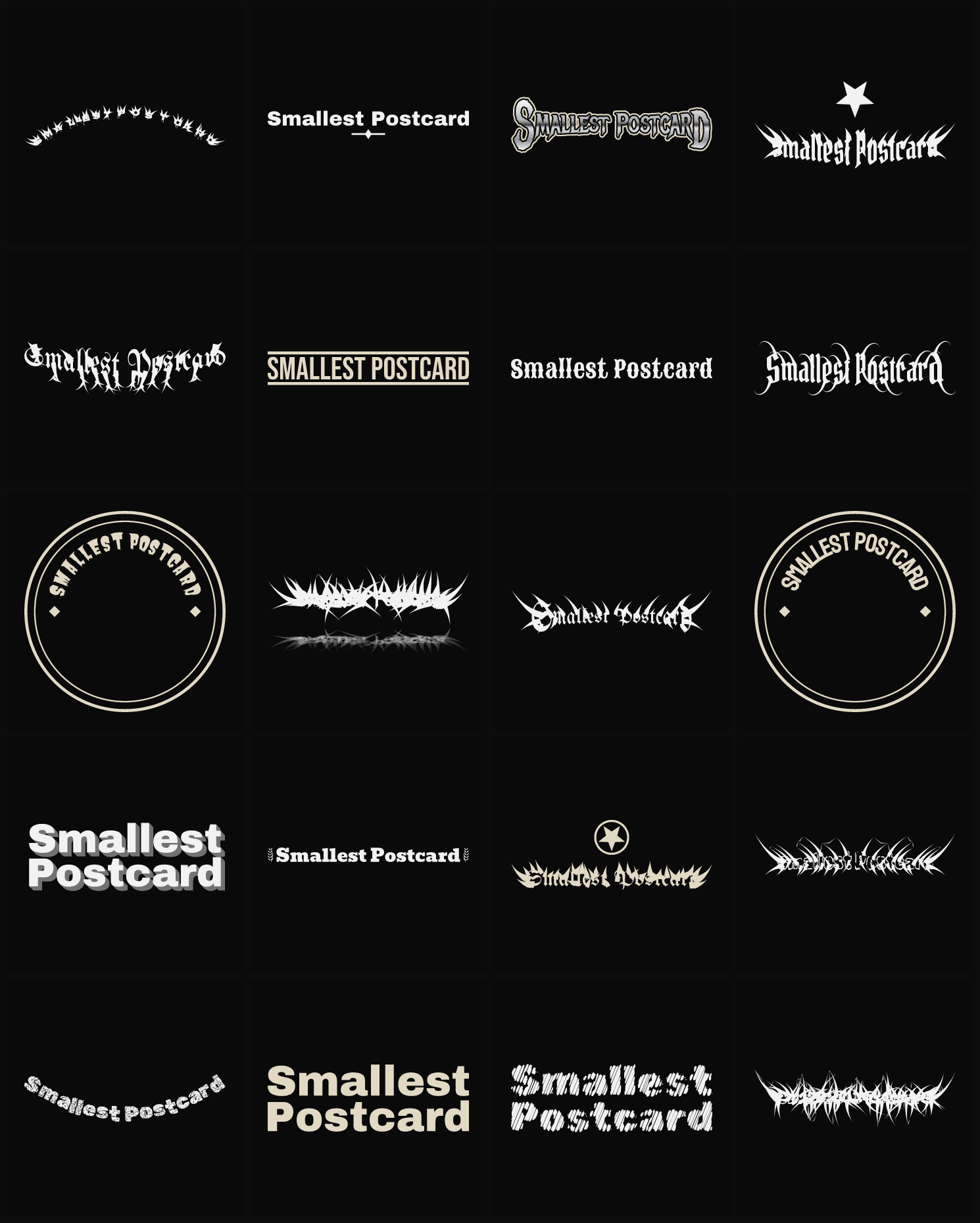 Twenty Smallest Postcard band logo ideas — different faces, treatments and spike settings