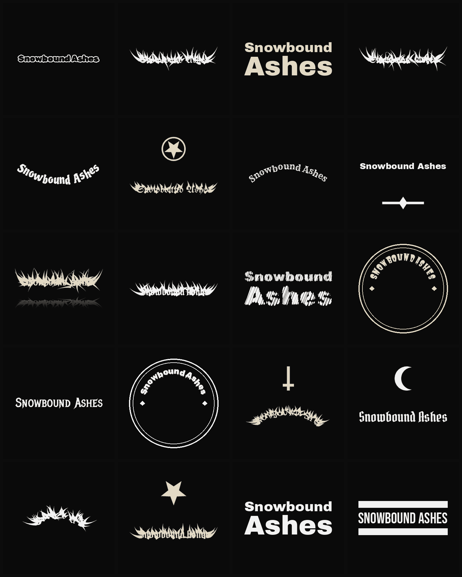Twenty Snowbound Ashes band logo ideas — different faces, treatments and spike settings