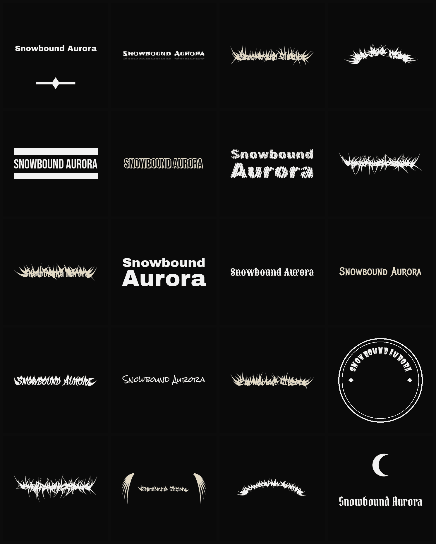 Twenty Snowbound Aurora band logo ideas — different faces, treatments and spike settings
