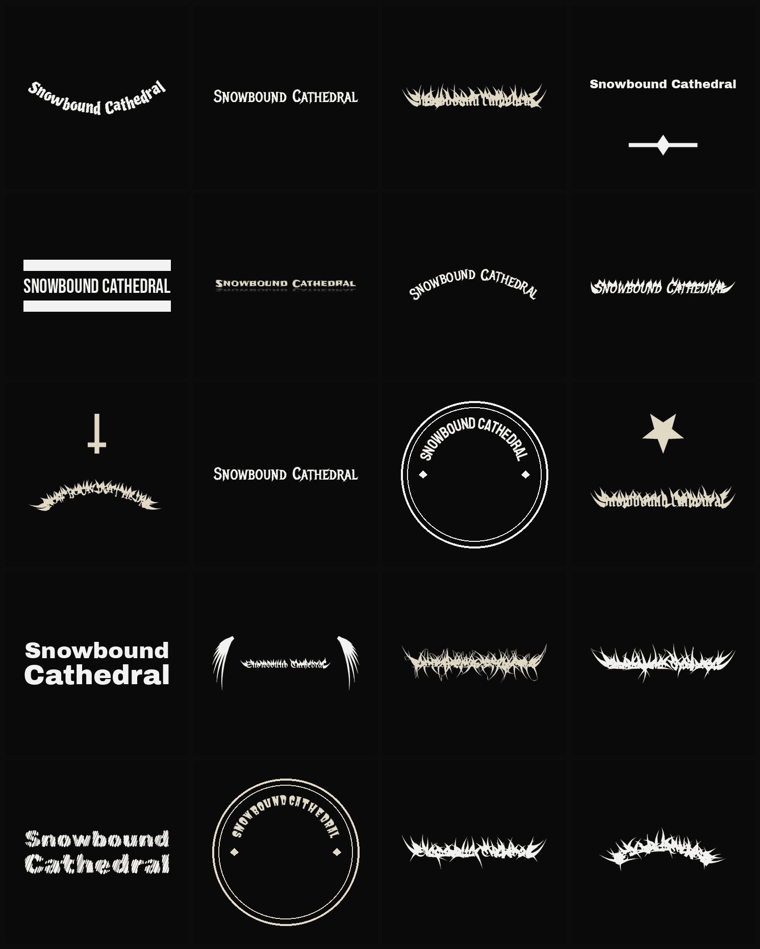 Twenty Snowbound Cathedral band logo ideas — different faces, treatments and spike settings