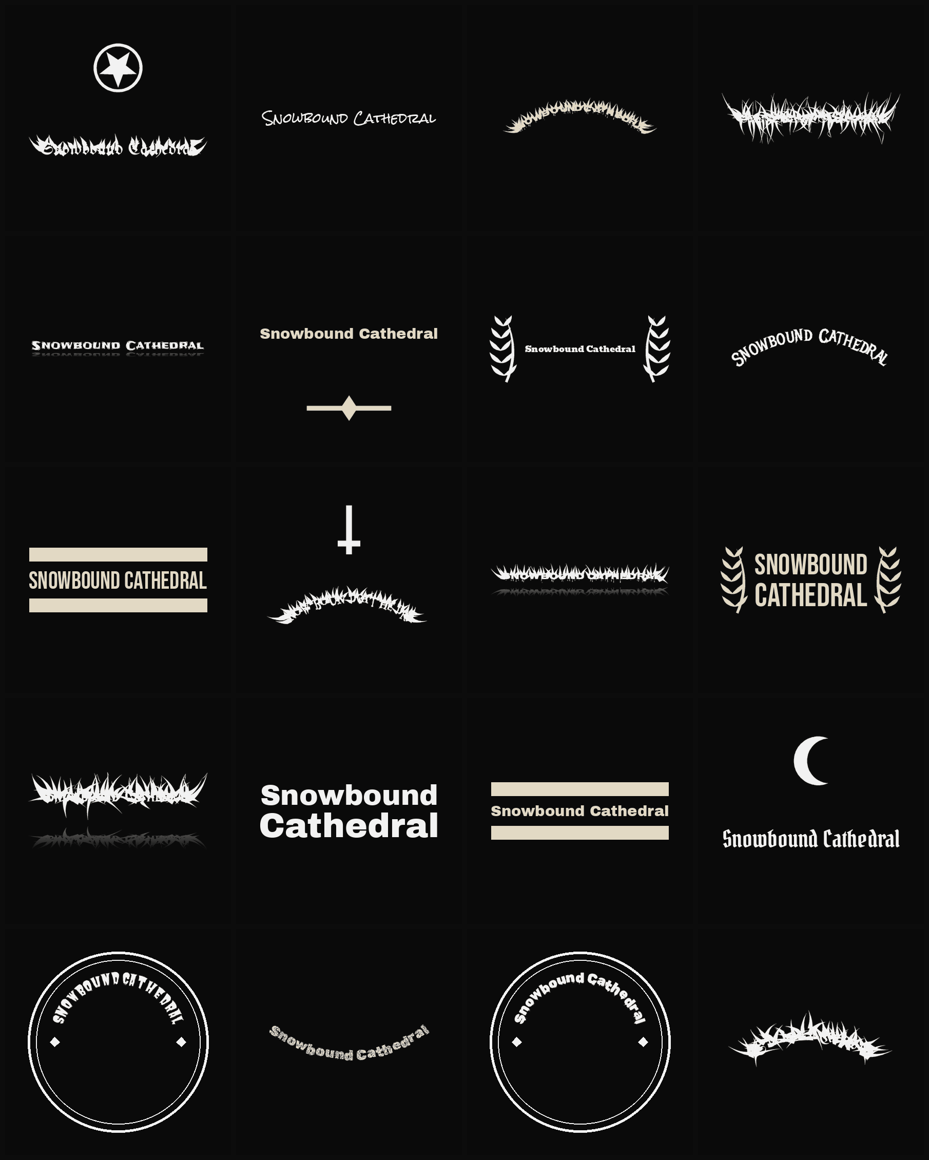 Twenty Snowbound Cathedral band logo ideas — different faces, treatments and spike settings