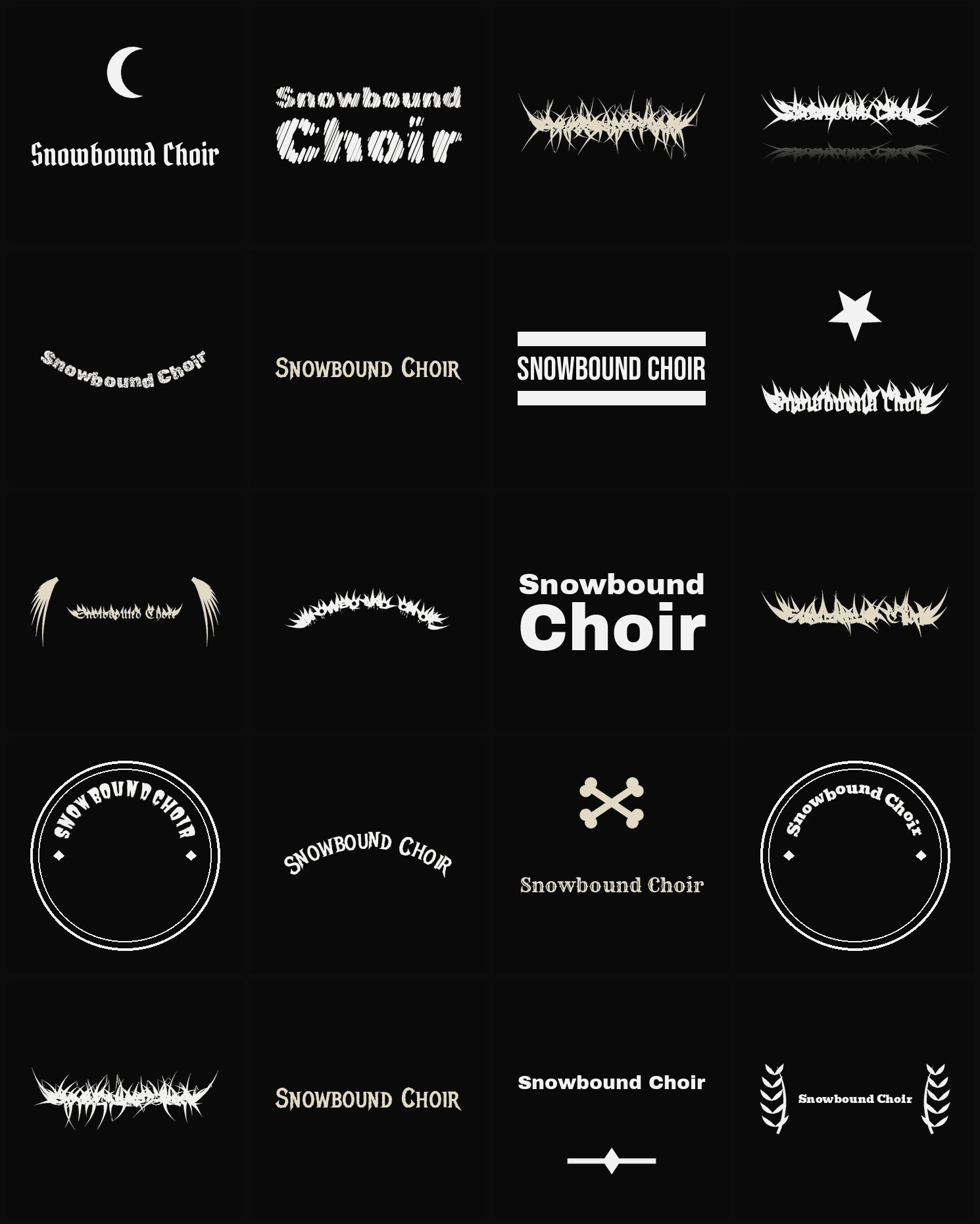 Twenty Snowbound Choir band logo ideas — different faces, treatments and spike settings