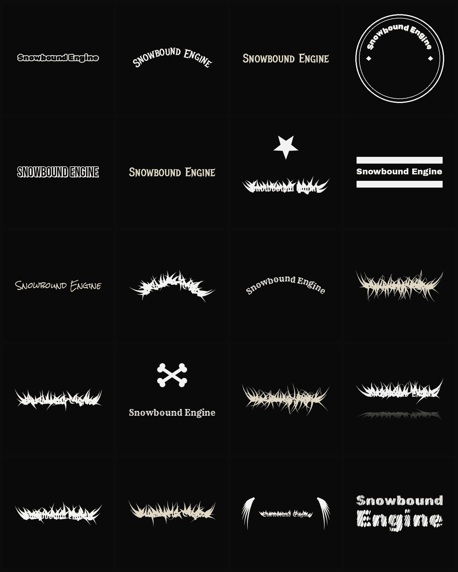 Twenty Snowbound Engine band logo ideas — different faces, treatments and spike settings