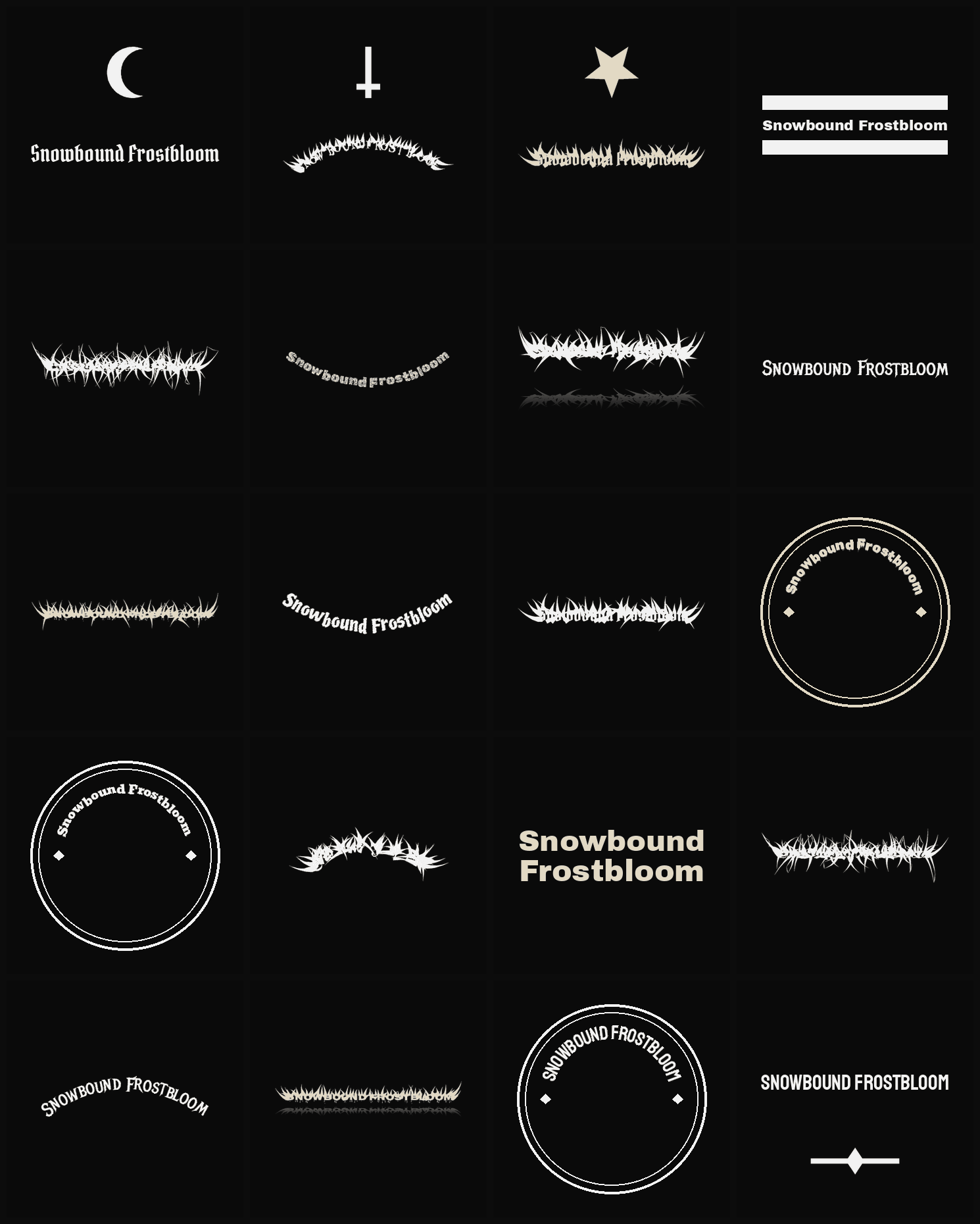 Twenty Snowbound Frostbloom band logo ideas — different faces, treatments and spike settings