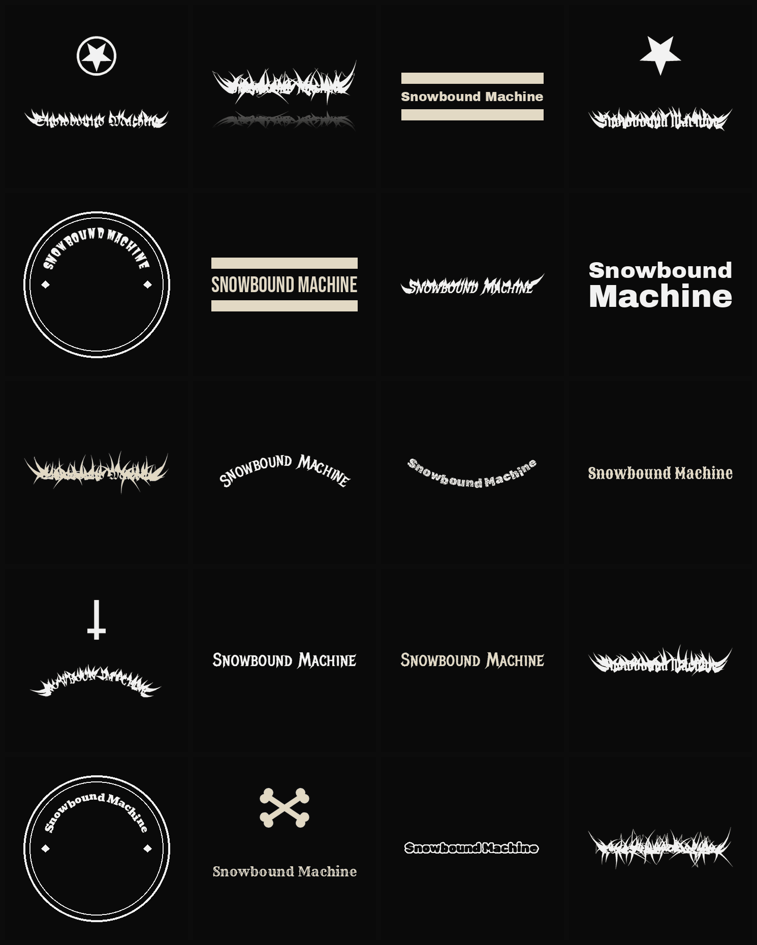 Twenty Snowbound Machine band logo ideas — different faces, treatments and spike settings