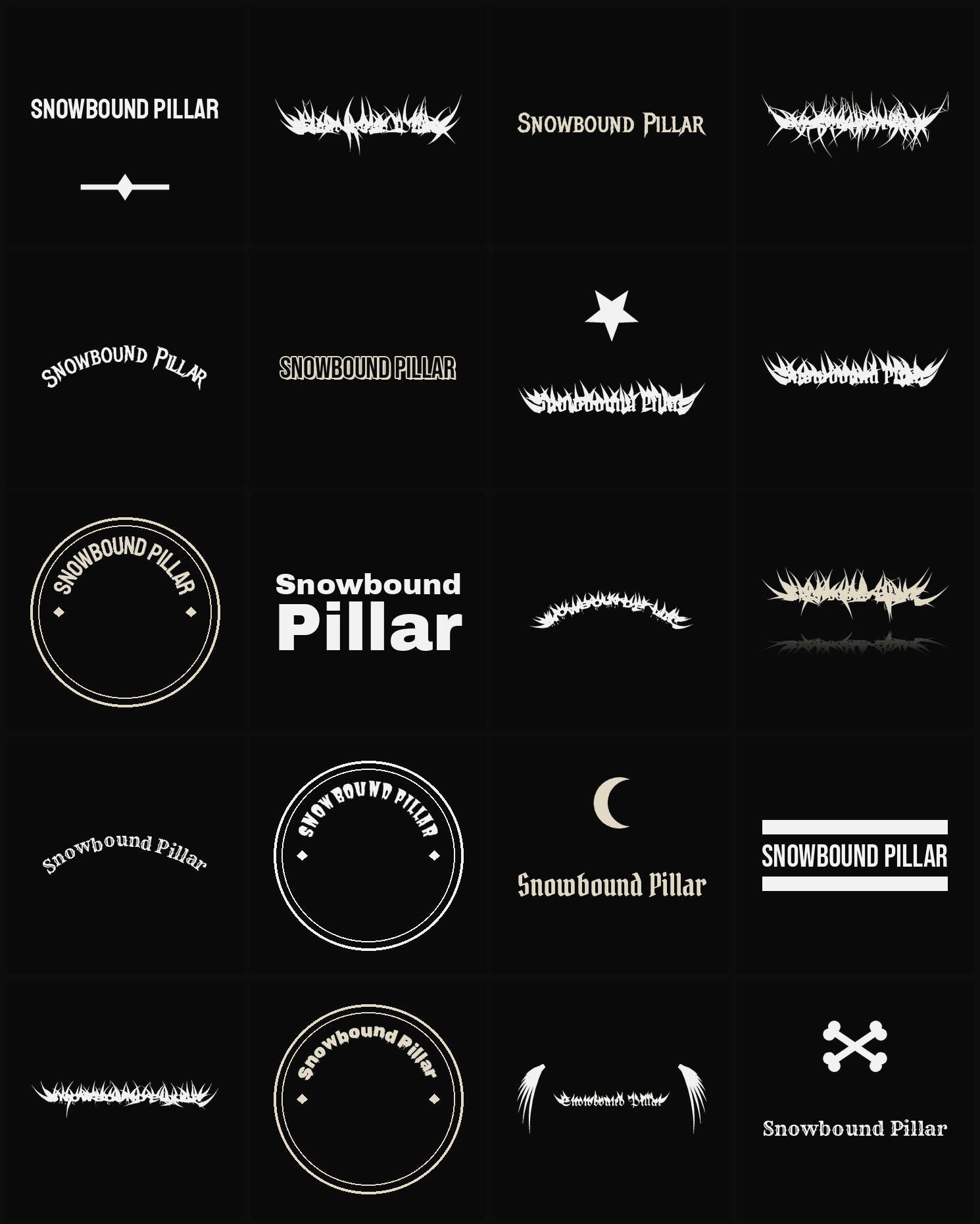 Twenty Snowbound Pillar band logo ideas — different faces, treatments and spike settings