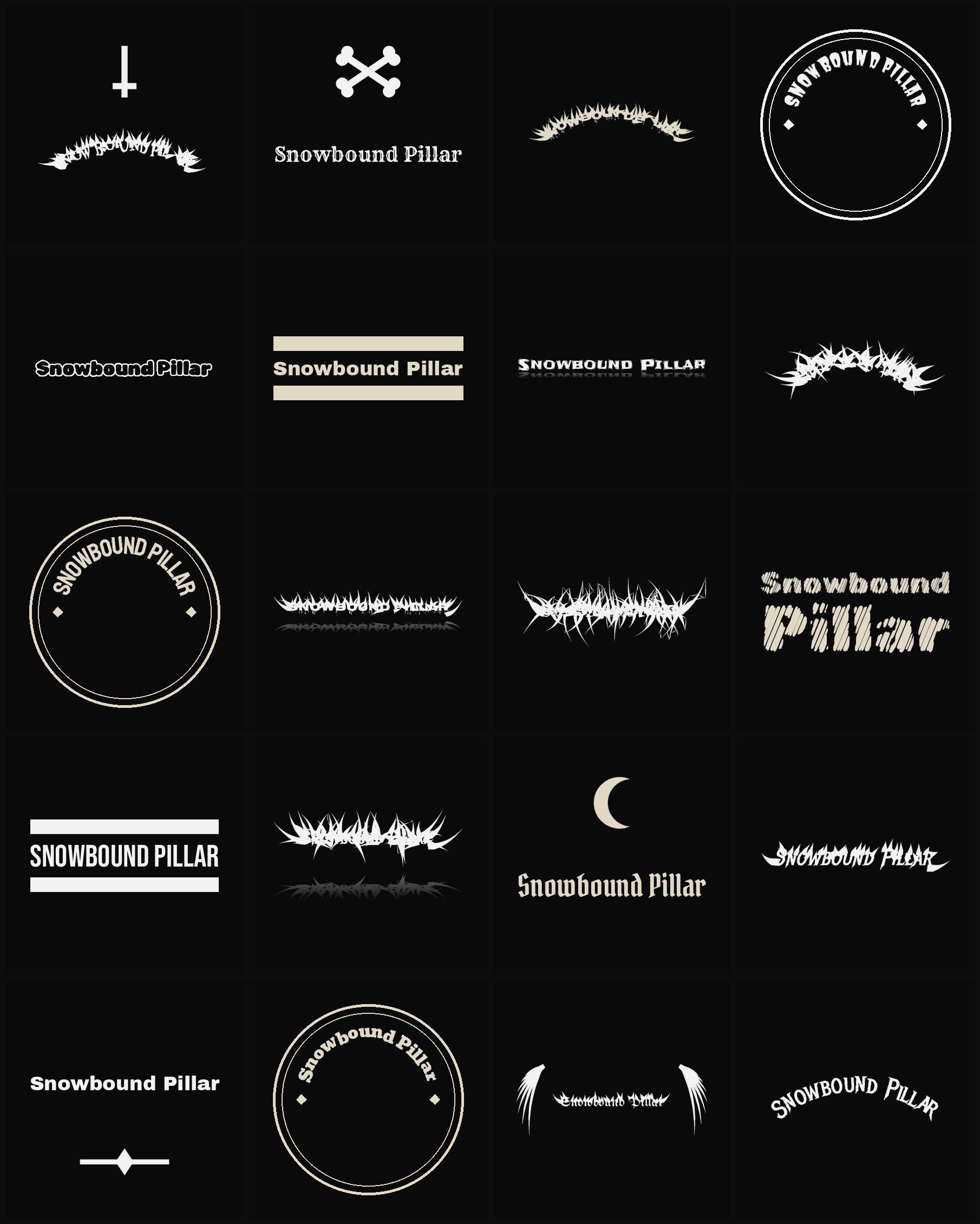 Twenty Snowbound Pillar band logo ideas — different faces, treatments and spike settings