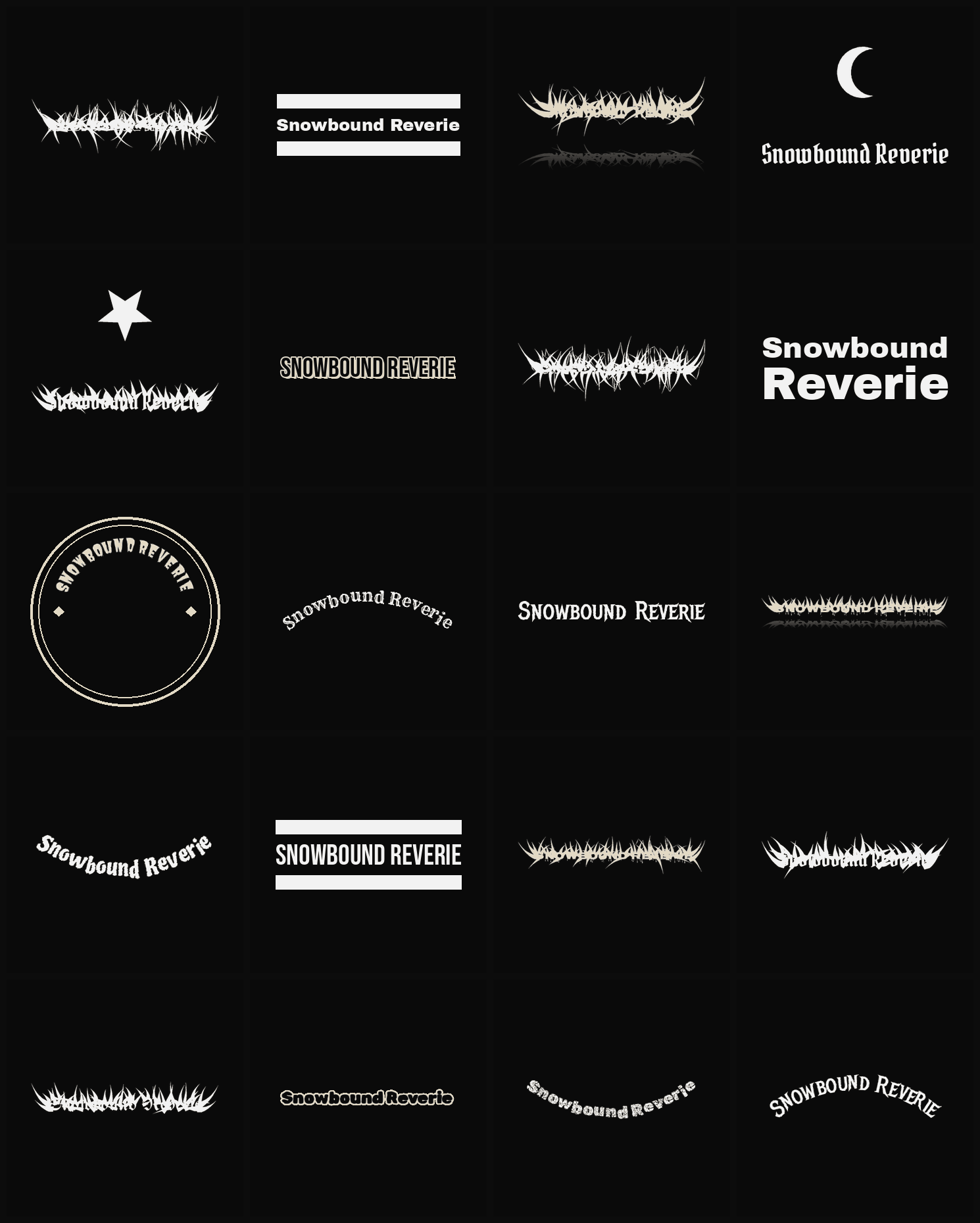 Twenty Snowbound Reverie band logo ideas — different faces, treatments and spike settings