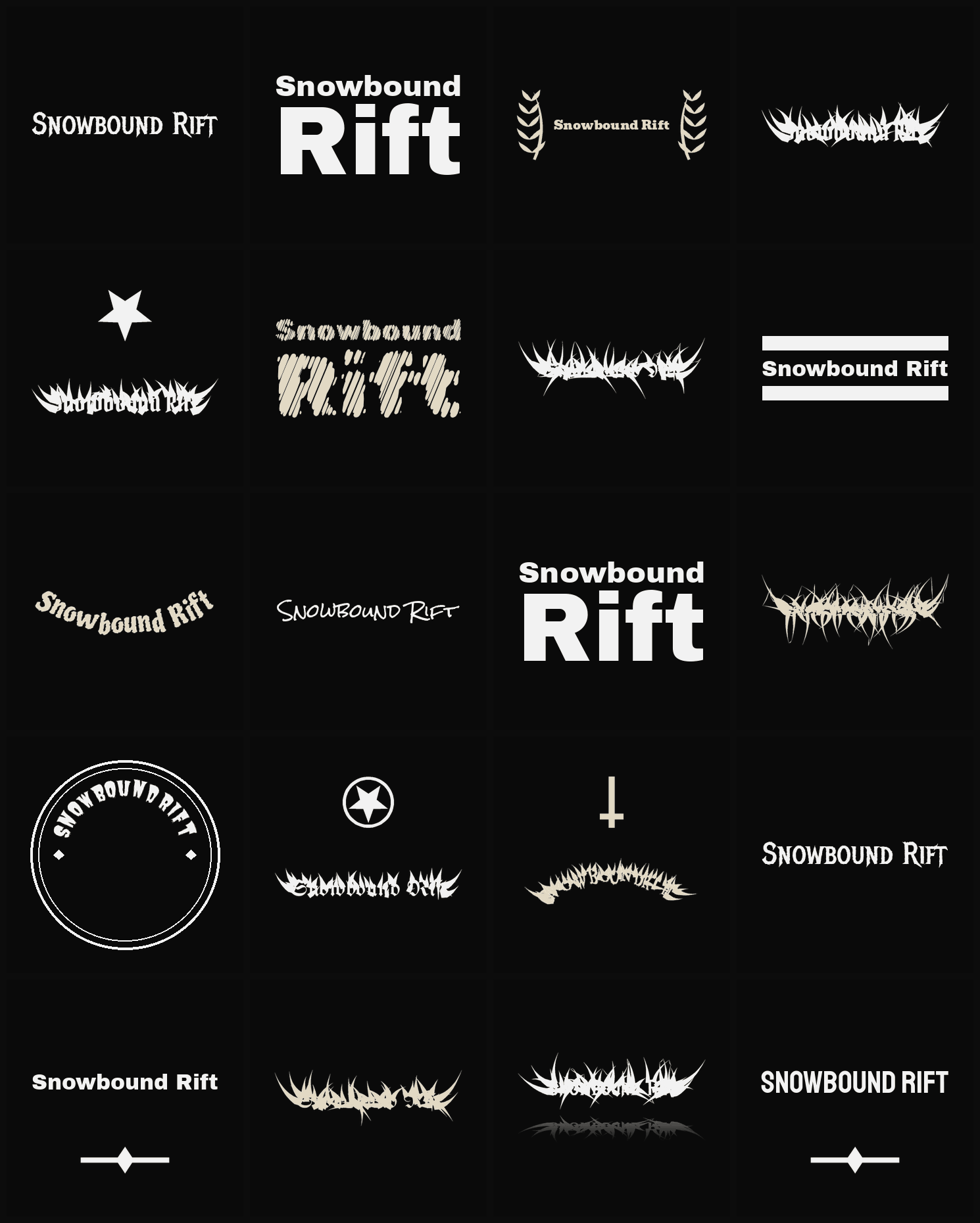 Twenty Snowbound Rift band logo ideas — different faces, treatments and spike settings