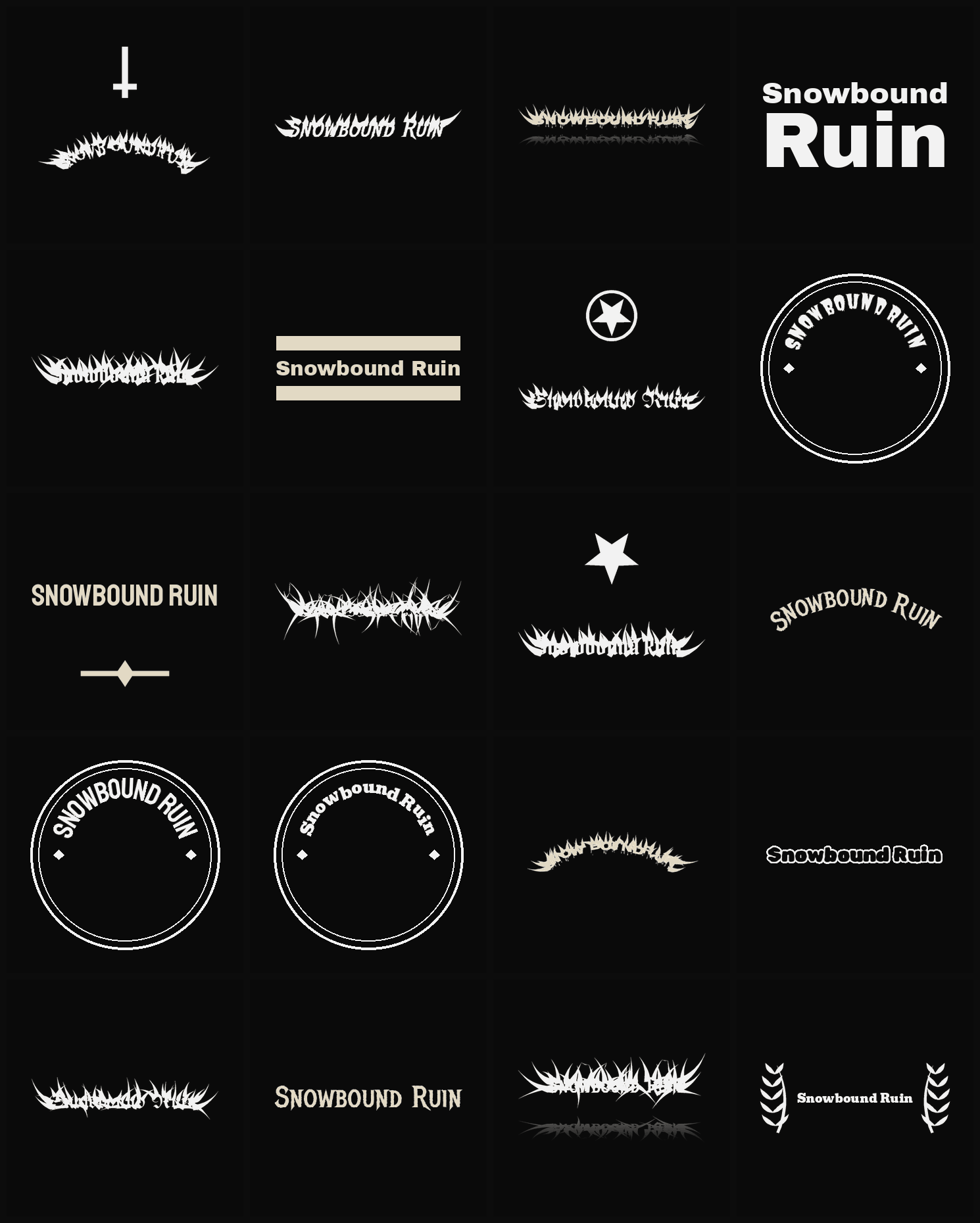 Twenty Snowbound Ruin band logo ideas — different faces, treatments and spike settings