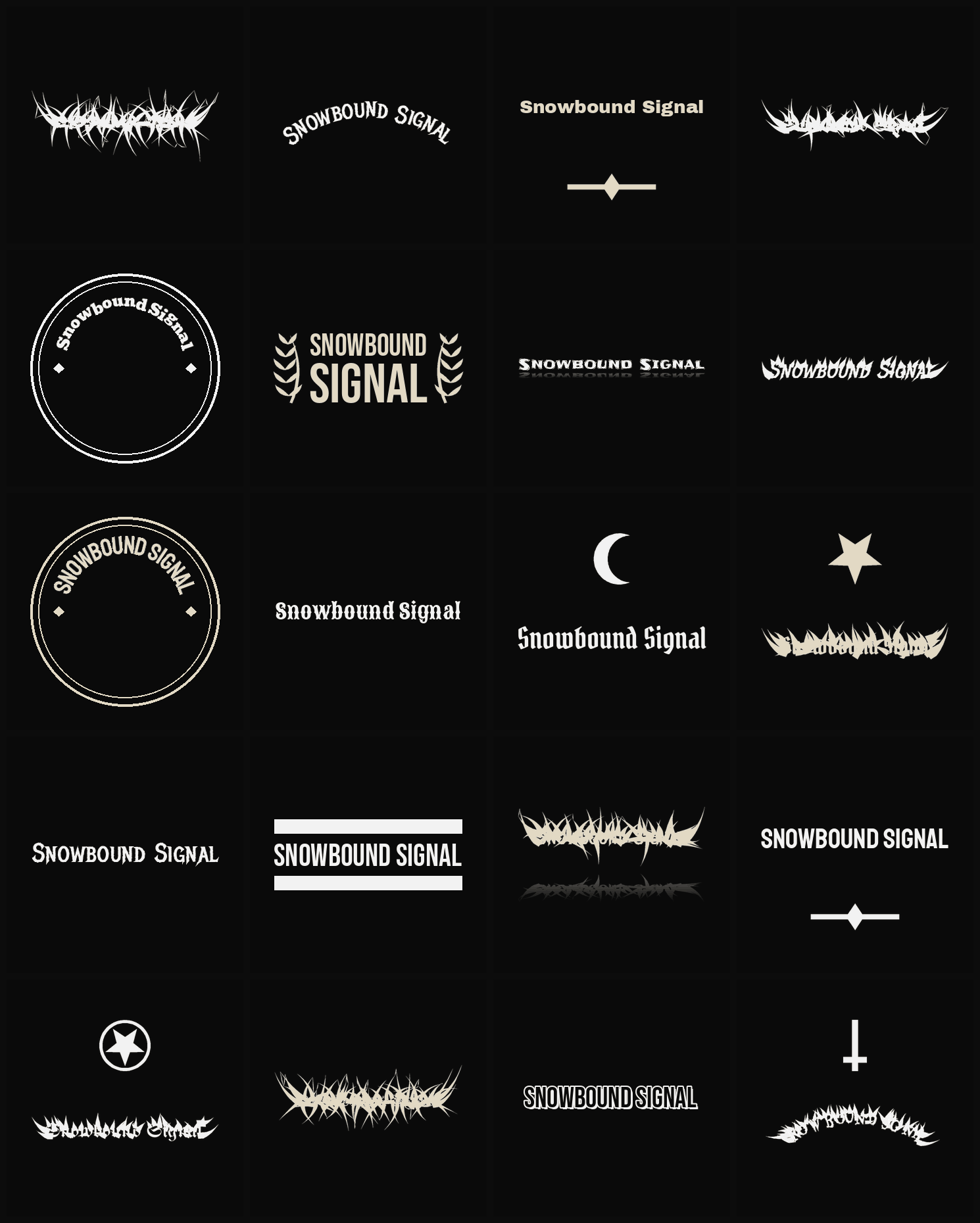 Twenty Snowbound Signal band logo ideas — different faces, treatments and spike settings
