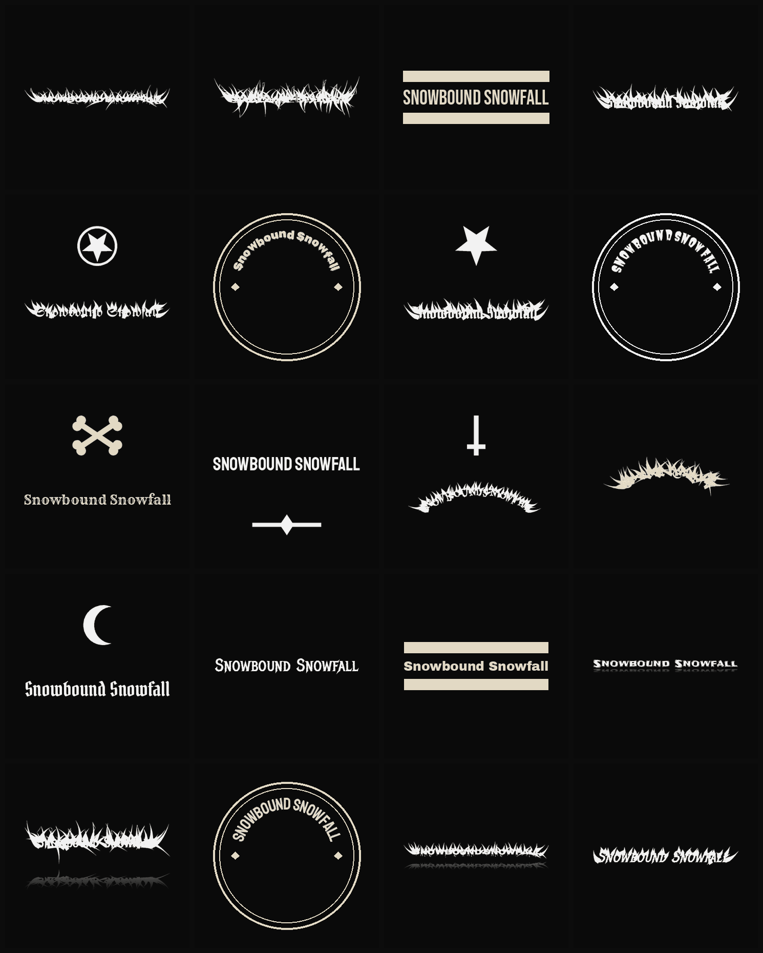 Twenty Snowbound Snowfall band logo ideas — different faces, treatments and spike settings