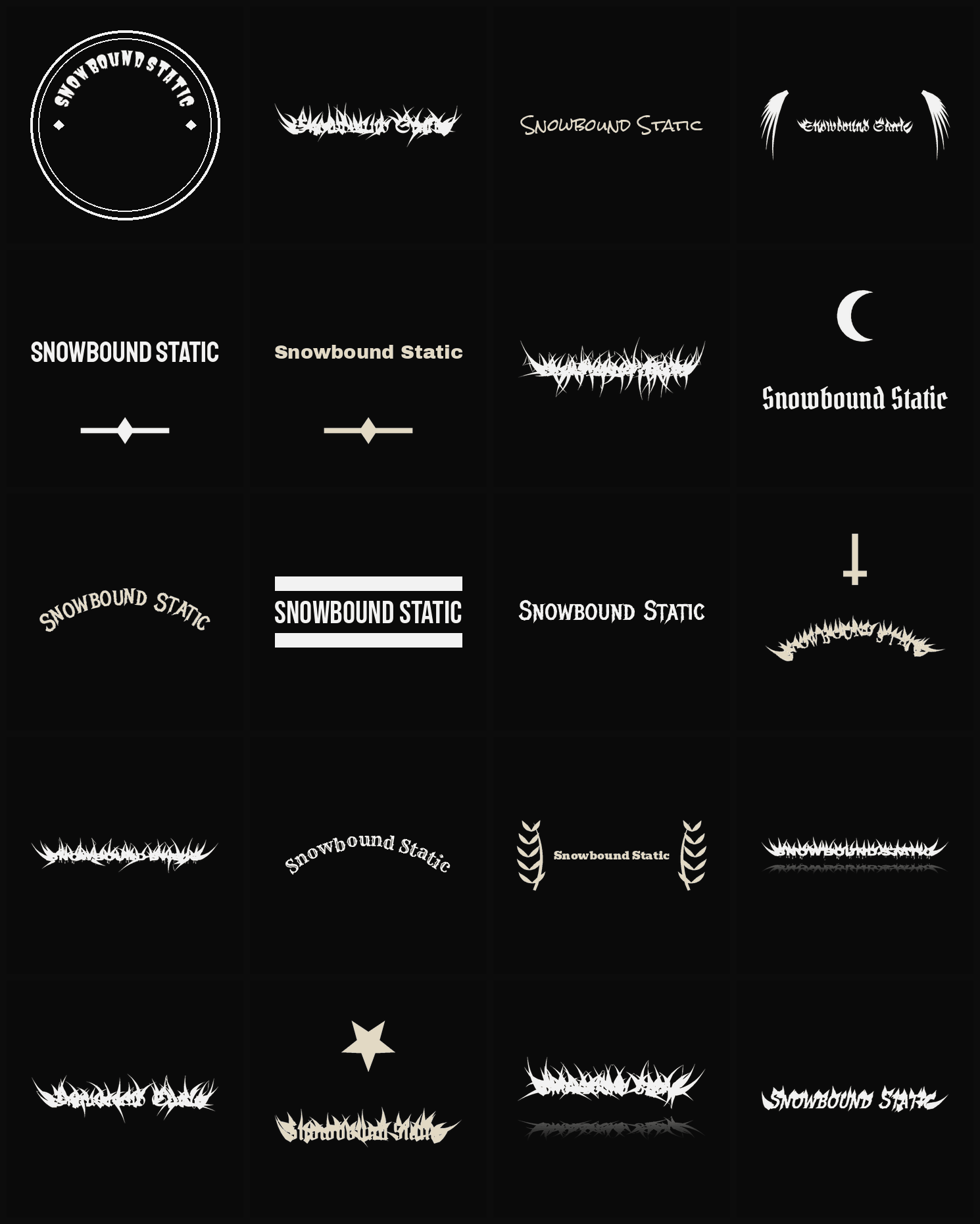 Twenty Snowbound Static band logo ideas — different faces, treatments and spike settings