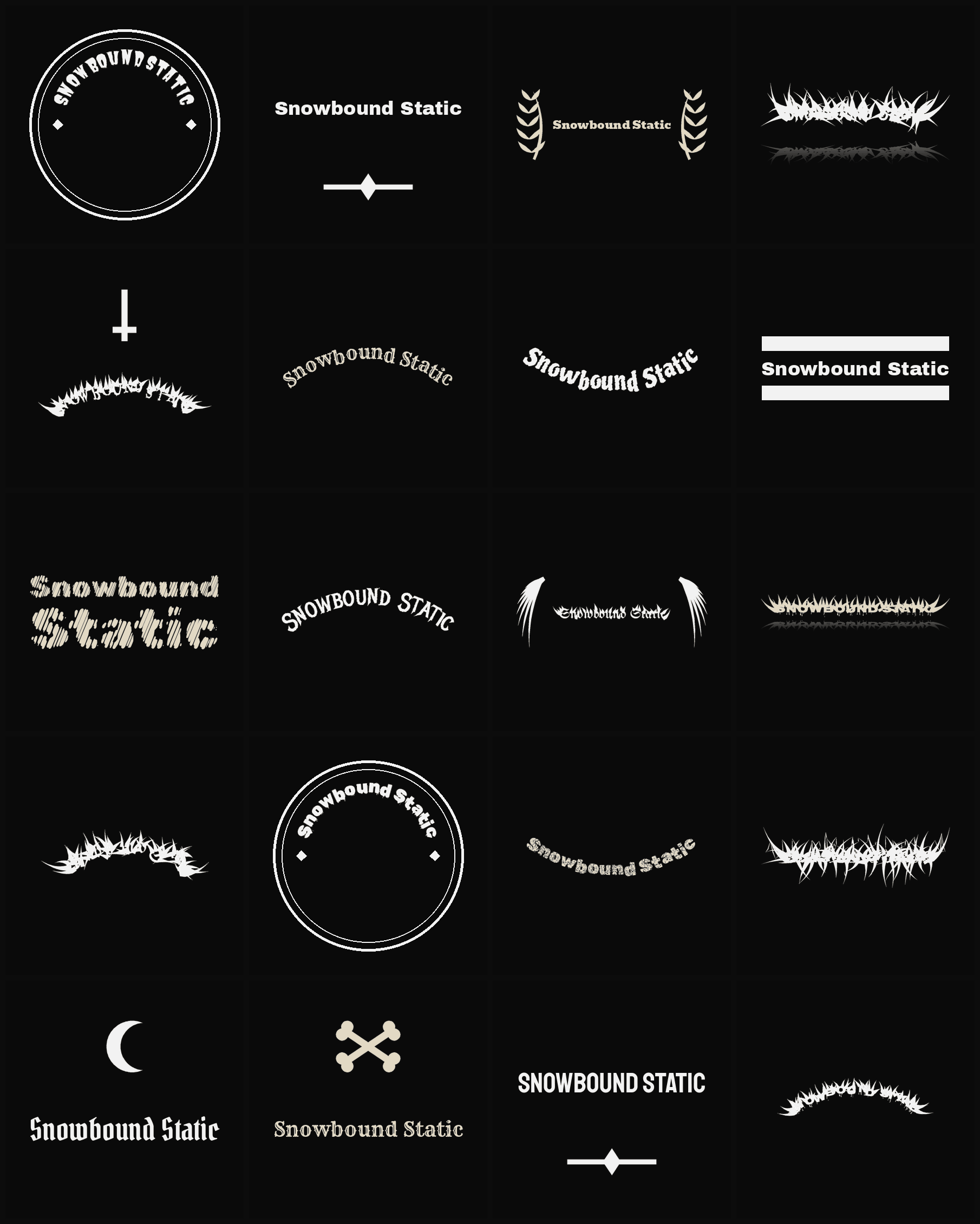 Twenty Snowbound Static band logo ideas — different faces, treatments and spike settings