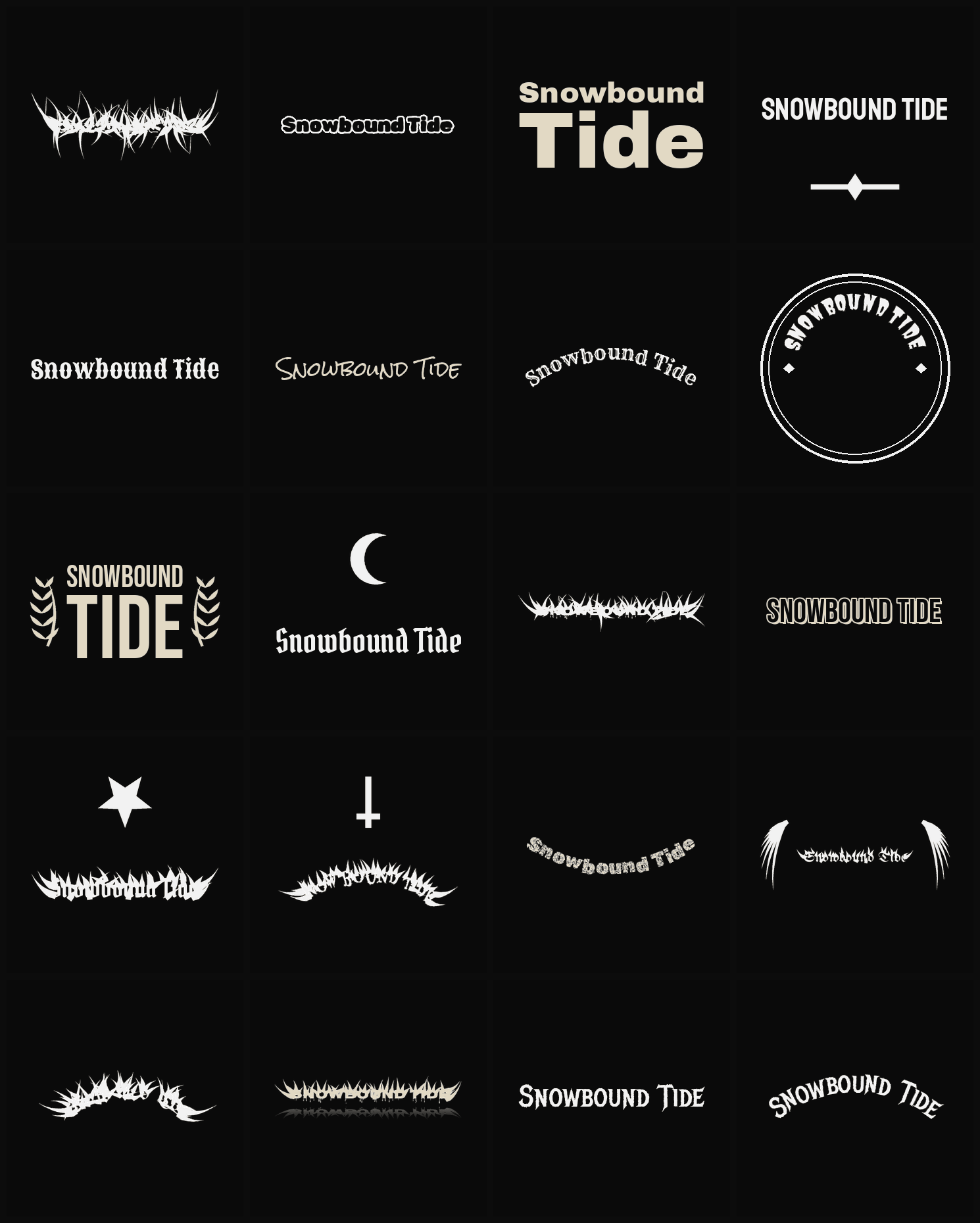 Twenty Snowbound Tide band logo ideas — different faces, treatments and spike settings