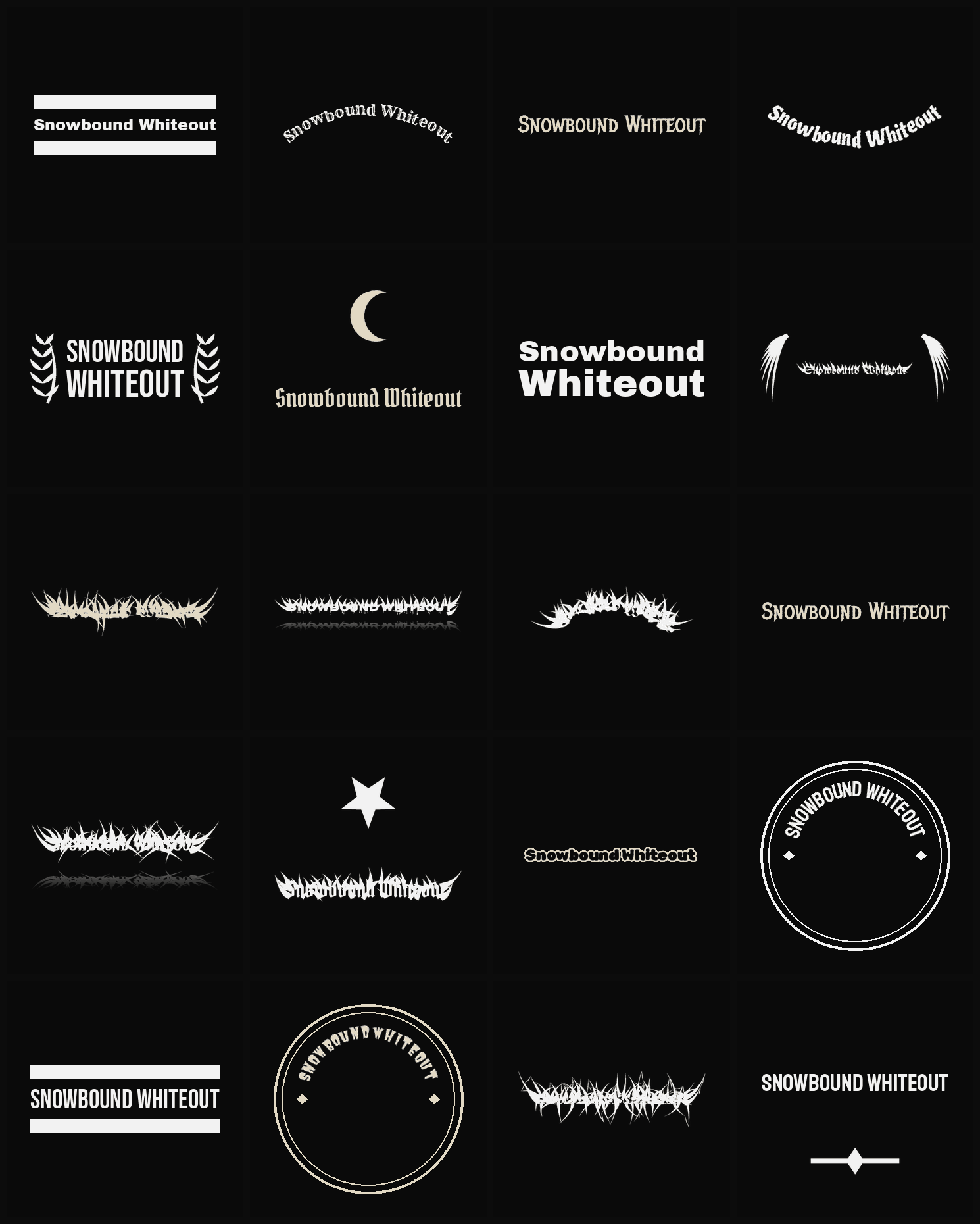 Twenty Snowbound Whiteout band logo ideas — different faces, treatments and spike settings