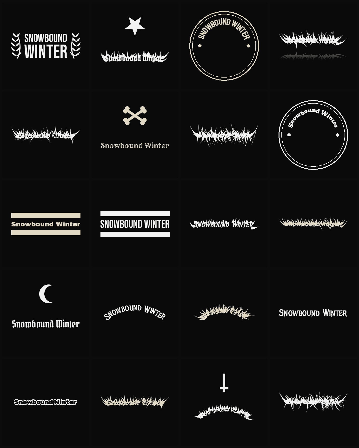 Twenty Snowbound Winter band logo ideas — different faces, treatments and spike settings